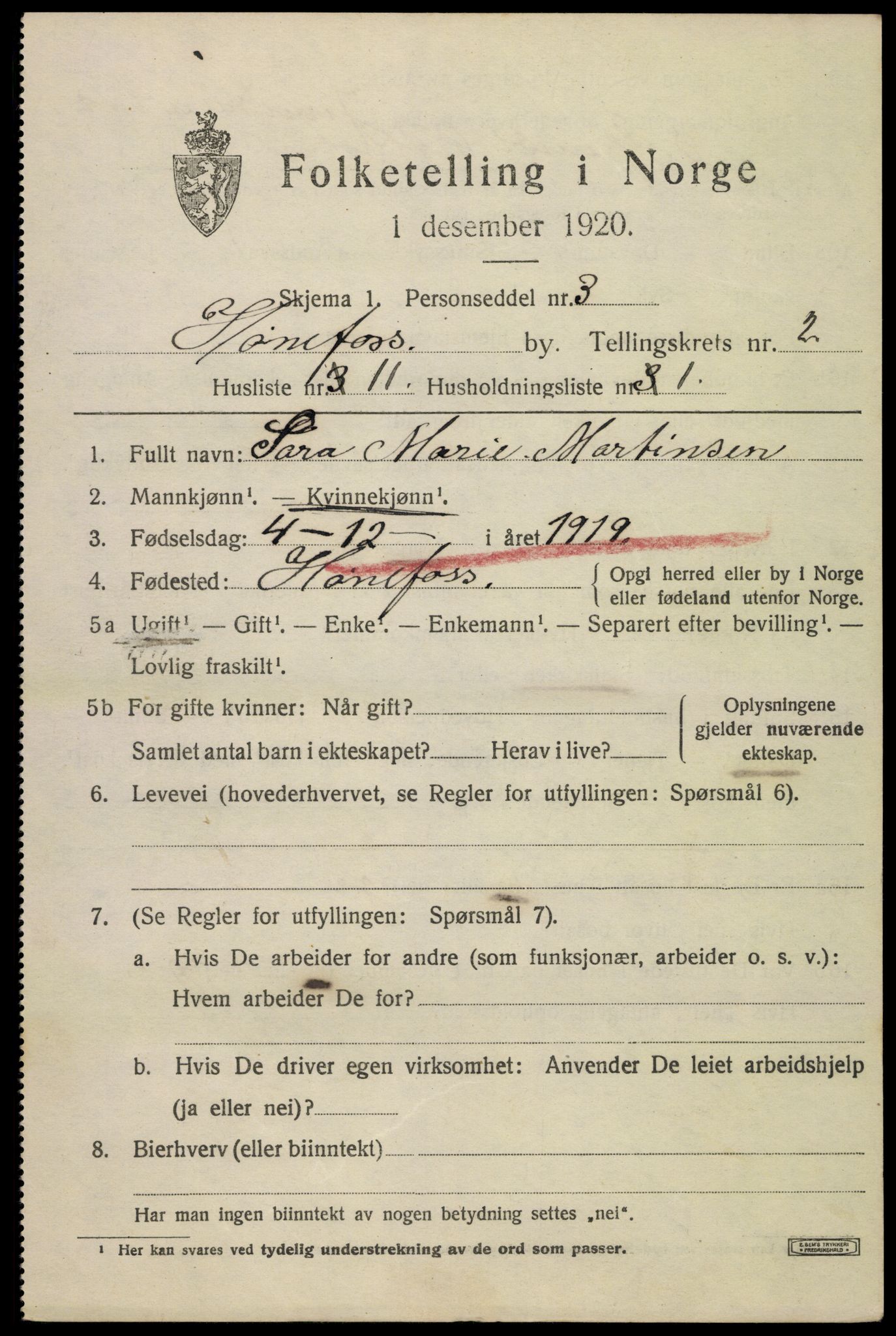 SAKO, 1920 census for Hønefoss, 1920, p. 4072