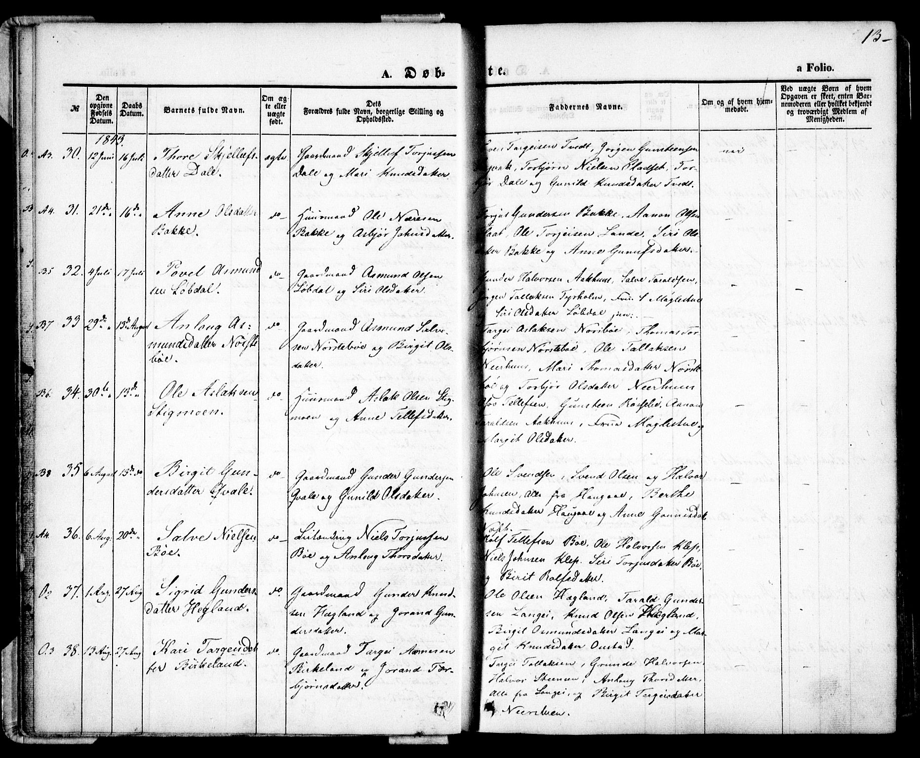 Bygland sokneprestkontor, AV/SAK-1111-0006/F/Fa/Fab/L0004: Parish register (official) no. A 4, 1842-1858, p. 13