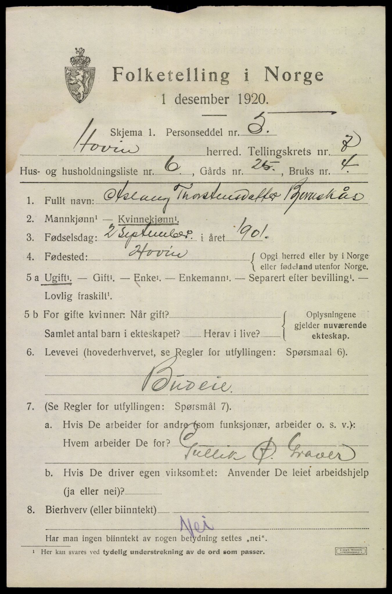 SAKO, 1920 census for Hovin, 1920, p. 1757