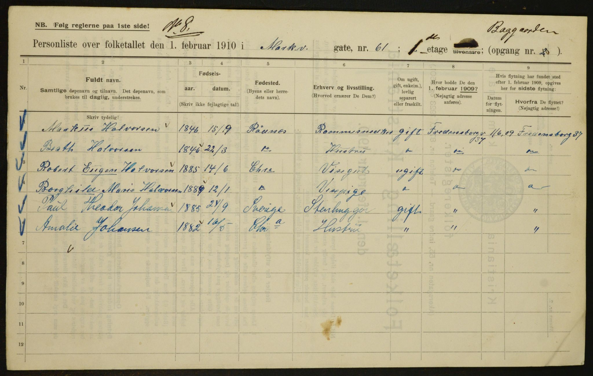 OBA, Municipal Census 1910 for Kristiania, 1910, p. 62312