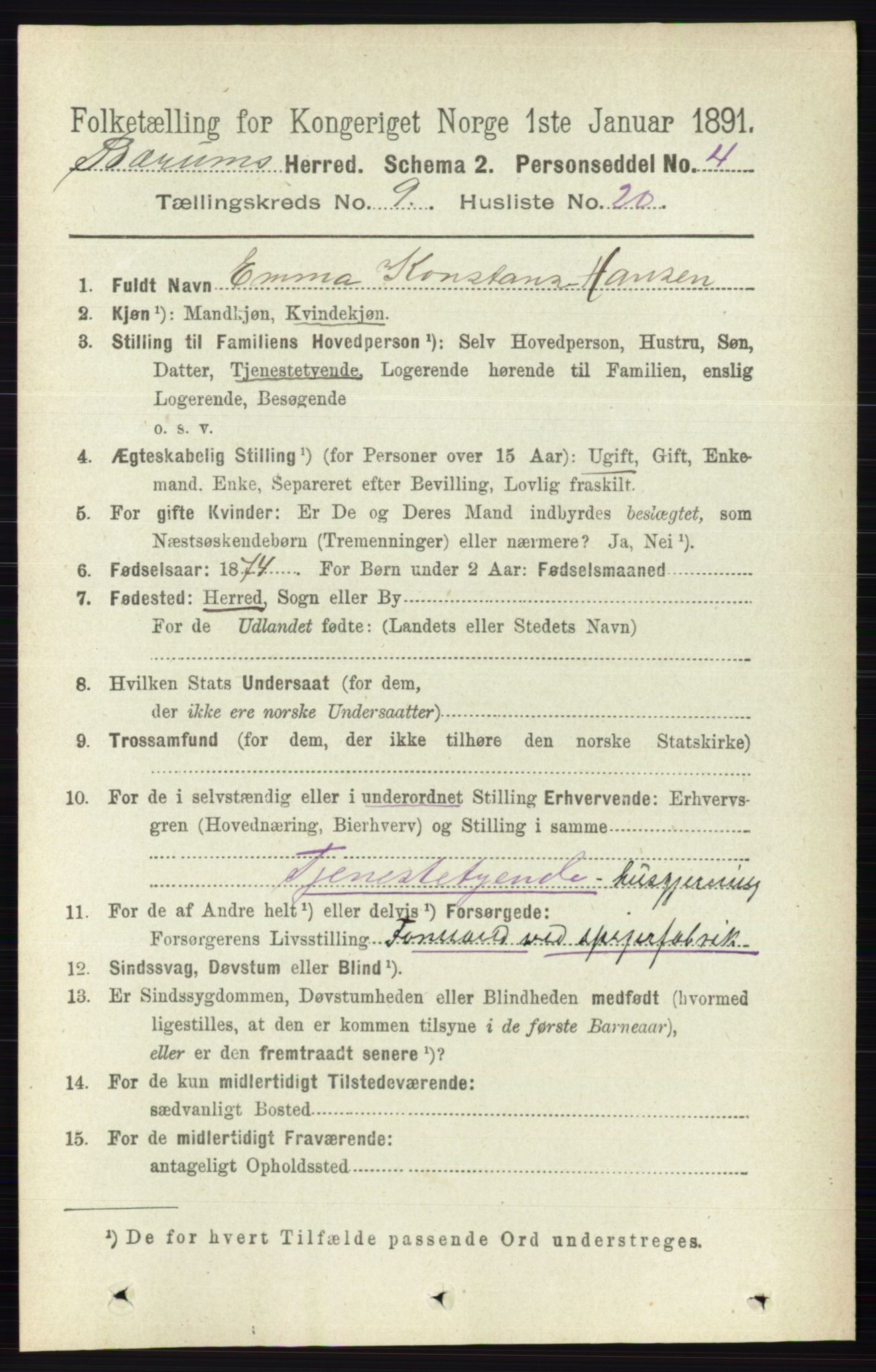 RA, 1891 census for 0219 Bærum, 1891, p. 5292