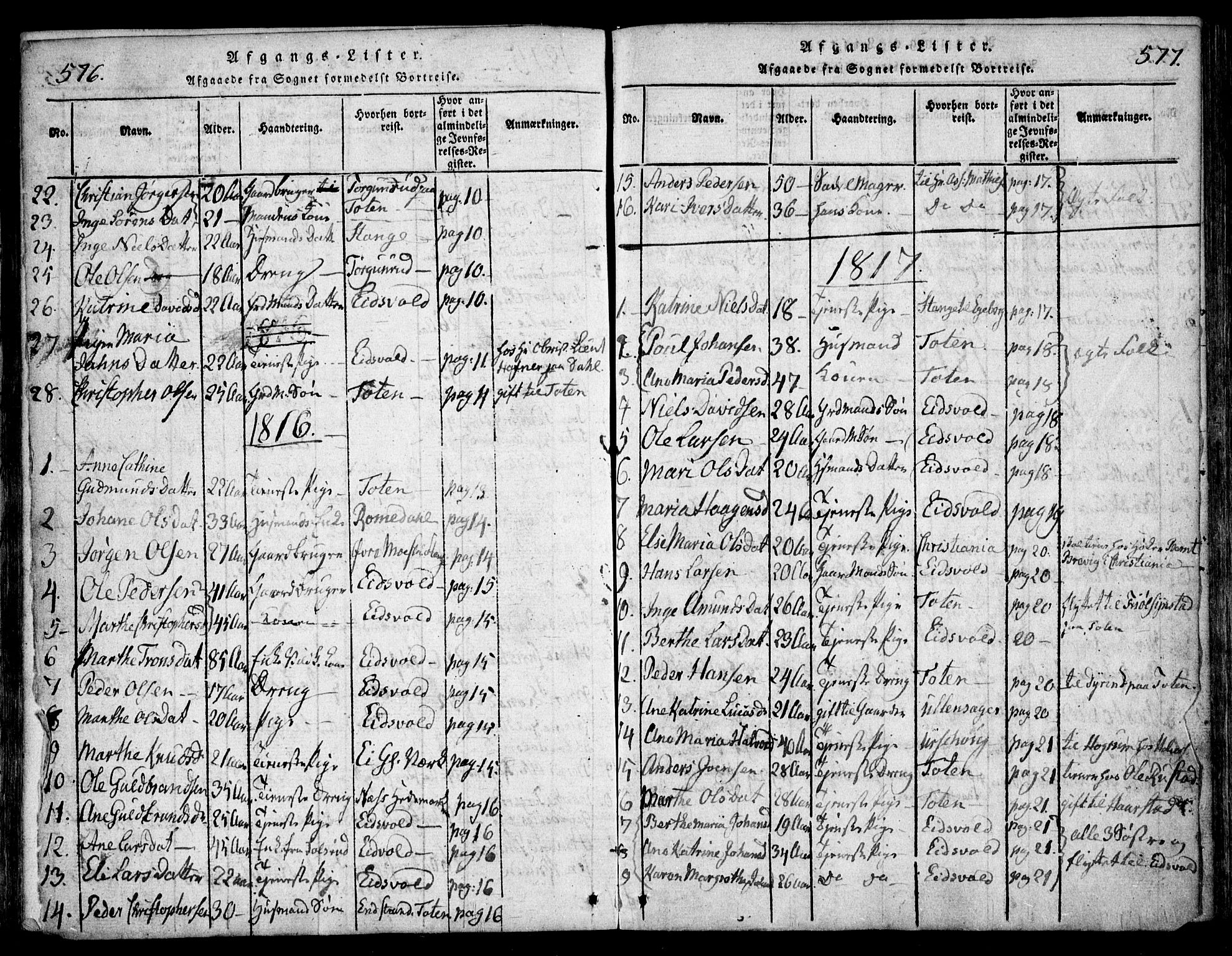 Hurdal prestekontor Kirkebøker, SAO/A-10889/F/Fa/L0003: Parish register (official) no. I 3, 1815-1828, p. 576-577