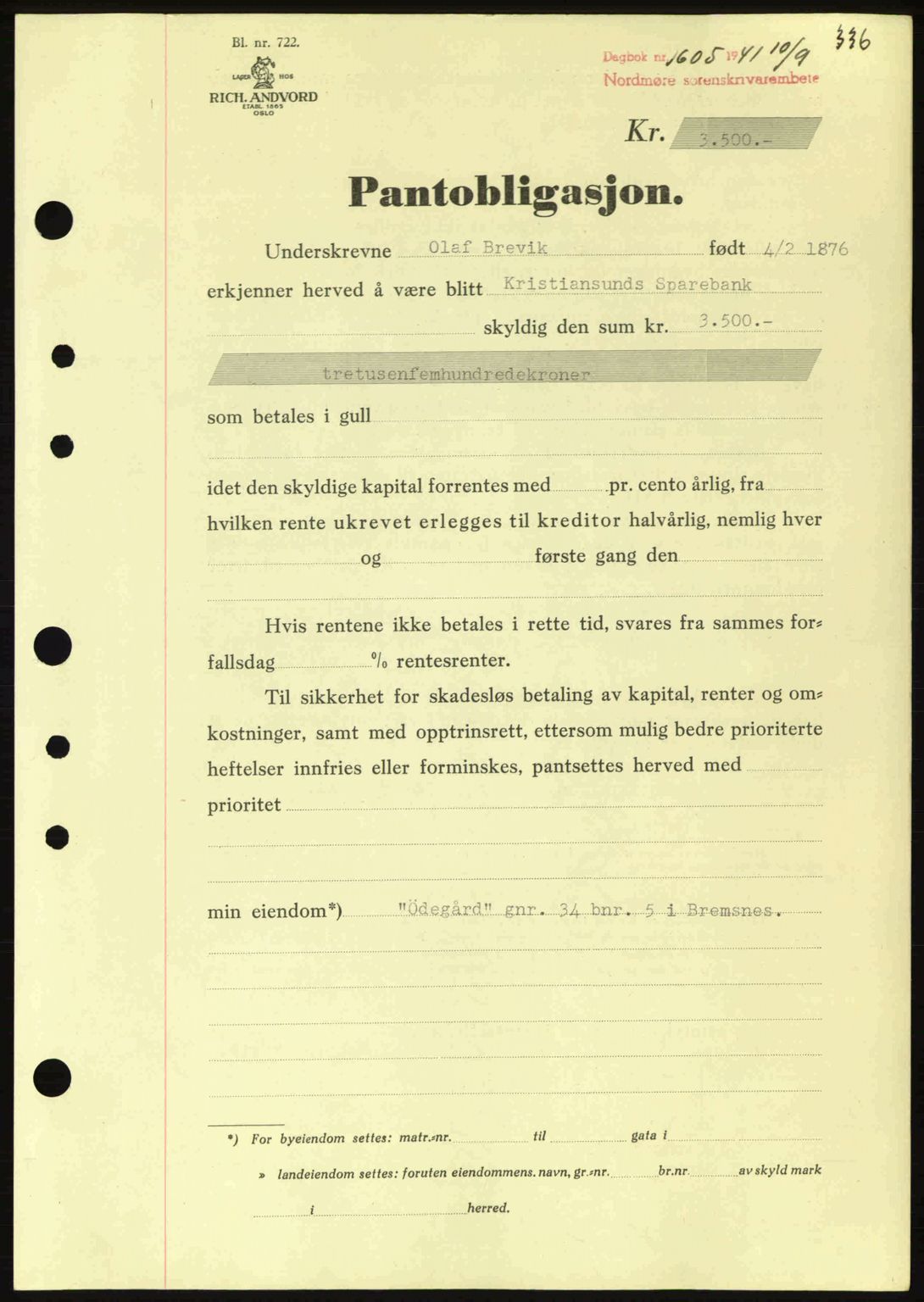 Nordmøre sorenskriveri, AV/SAT-A-4132/1/2/2Ca: Mortgage book no. B88, 1941-1942, Diary no: : 1605/1941