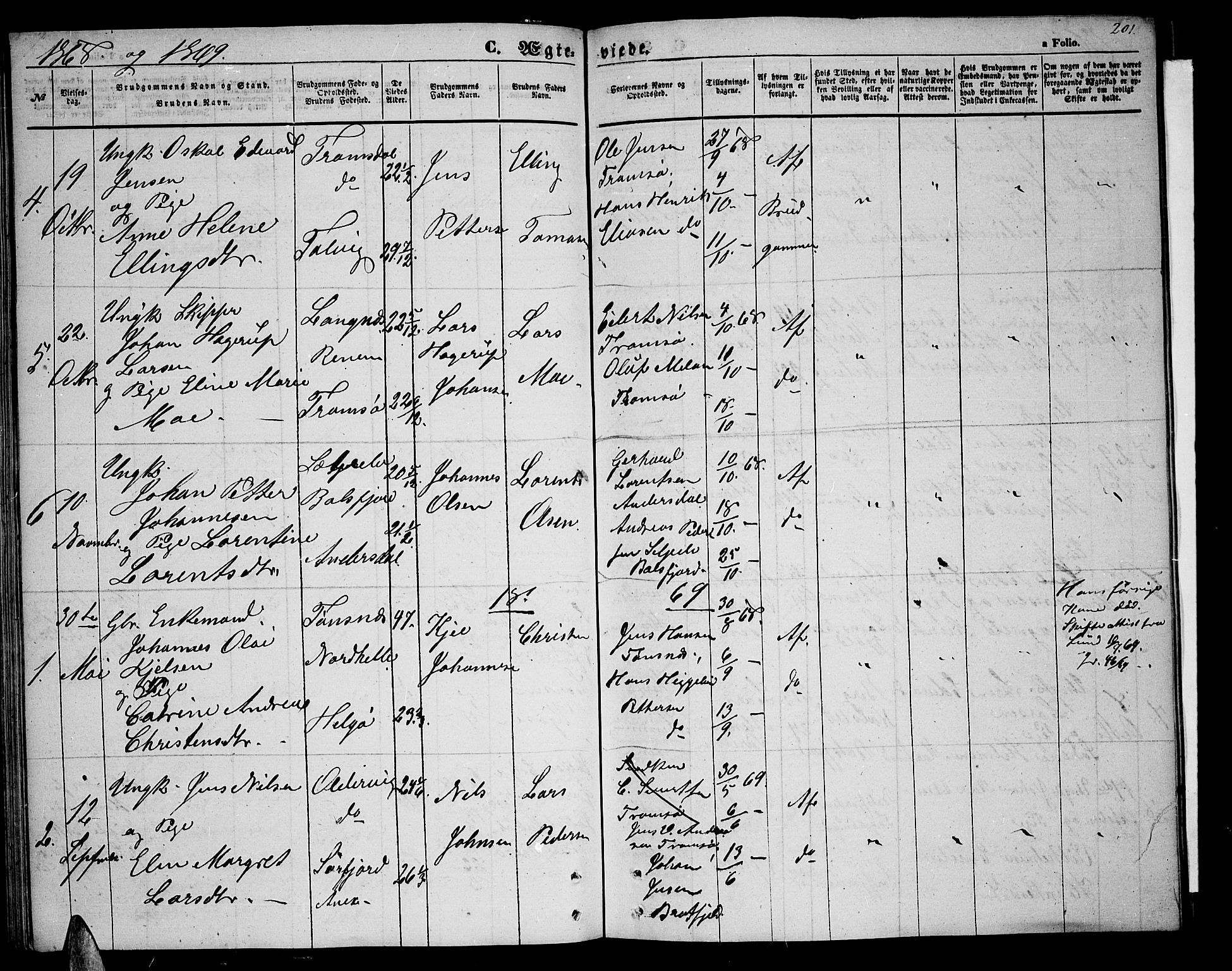 Tromsøysund sokneprestkontor, SATØ/S-1304/G/Gb/L0001klokker: Parish register (copy) no. 1, 1857-1869, p. 201
