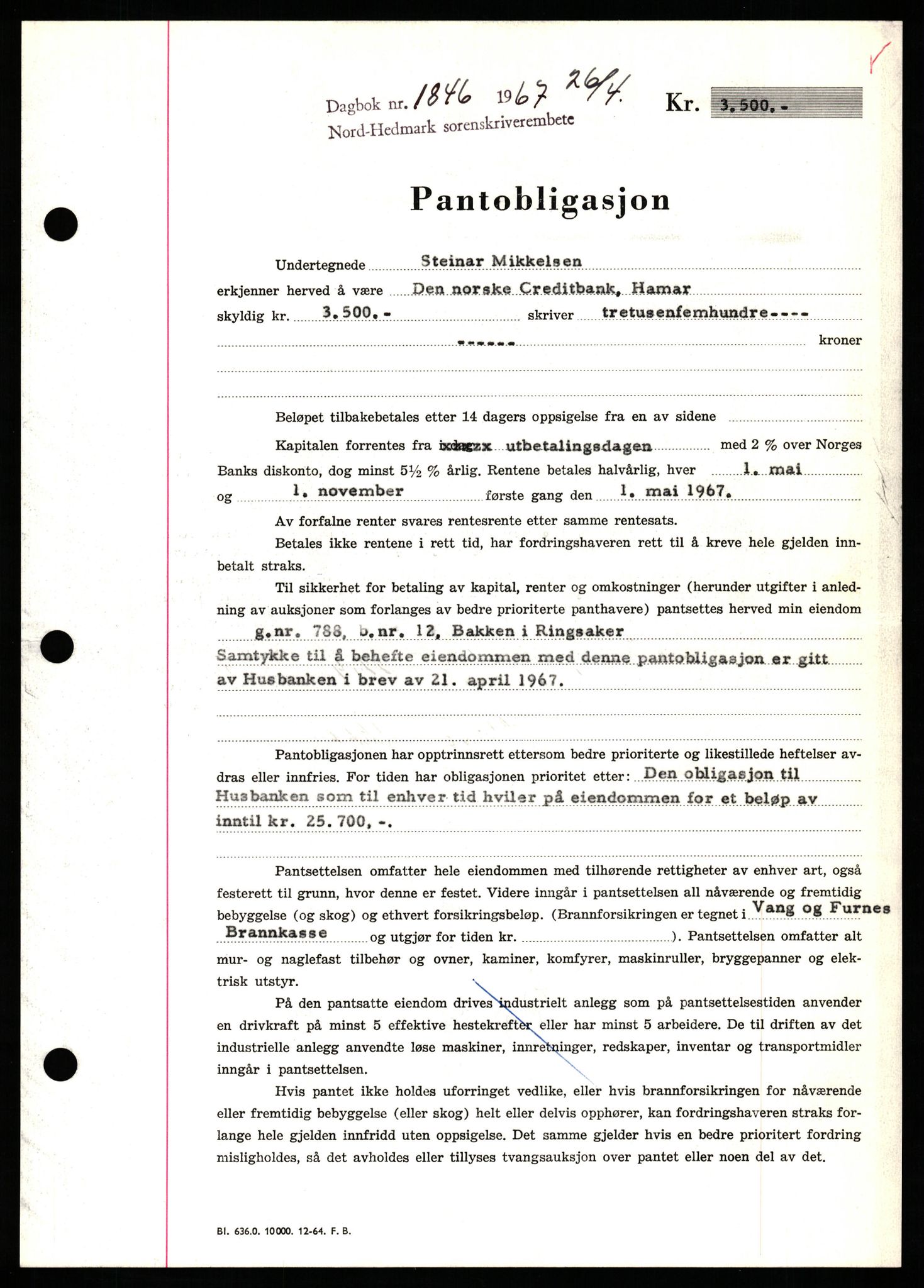 Nord-Hedmark sorenskriveri, SAH/TING-012/H/Hb/Hbf/L0071: Mortgage book no. B71, 1967-1967, Diary no: : 1846/1967