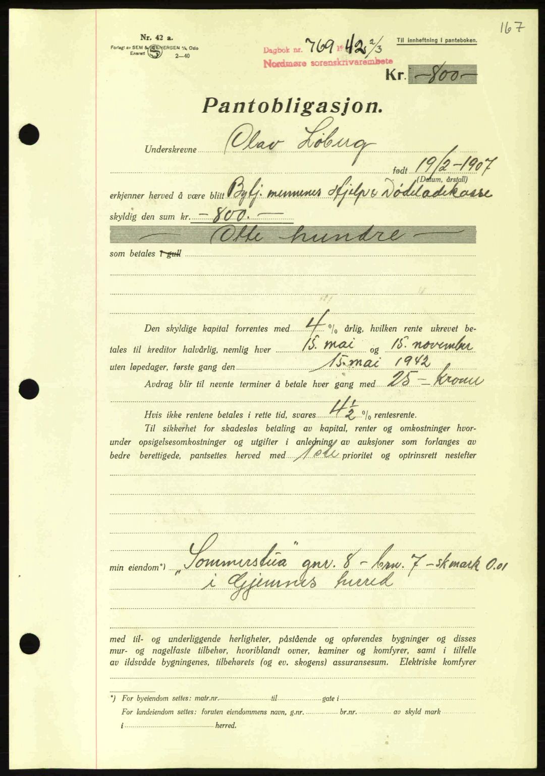 Nordmøre sorenskriveri, AV/SAT-A-4132/1/2/2Ca: Mortgage book no. B89, 1942-1942, Diary no: : 769/1942