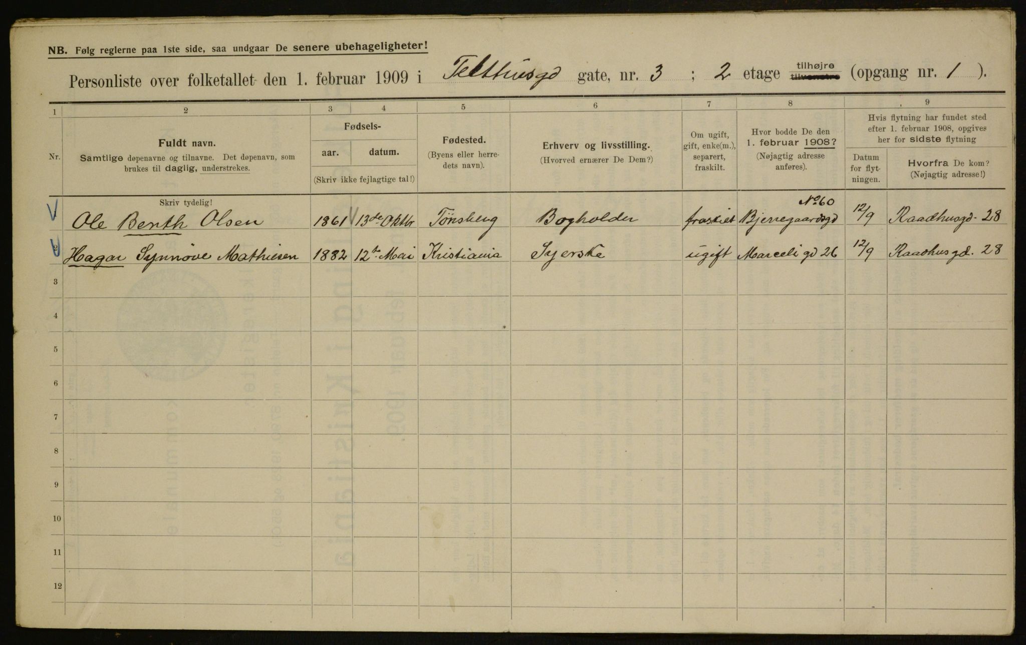 OBA, Municipal Census 1909 for Kristiania, 1909, p. 97498