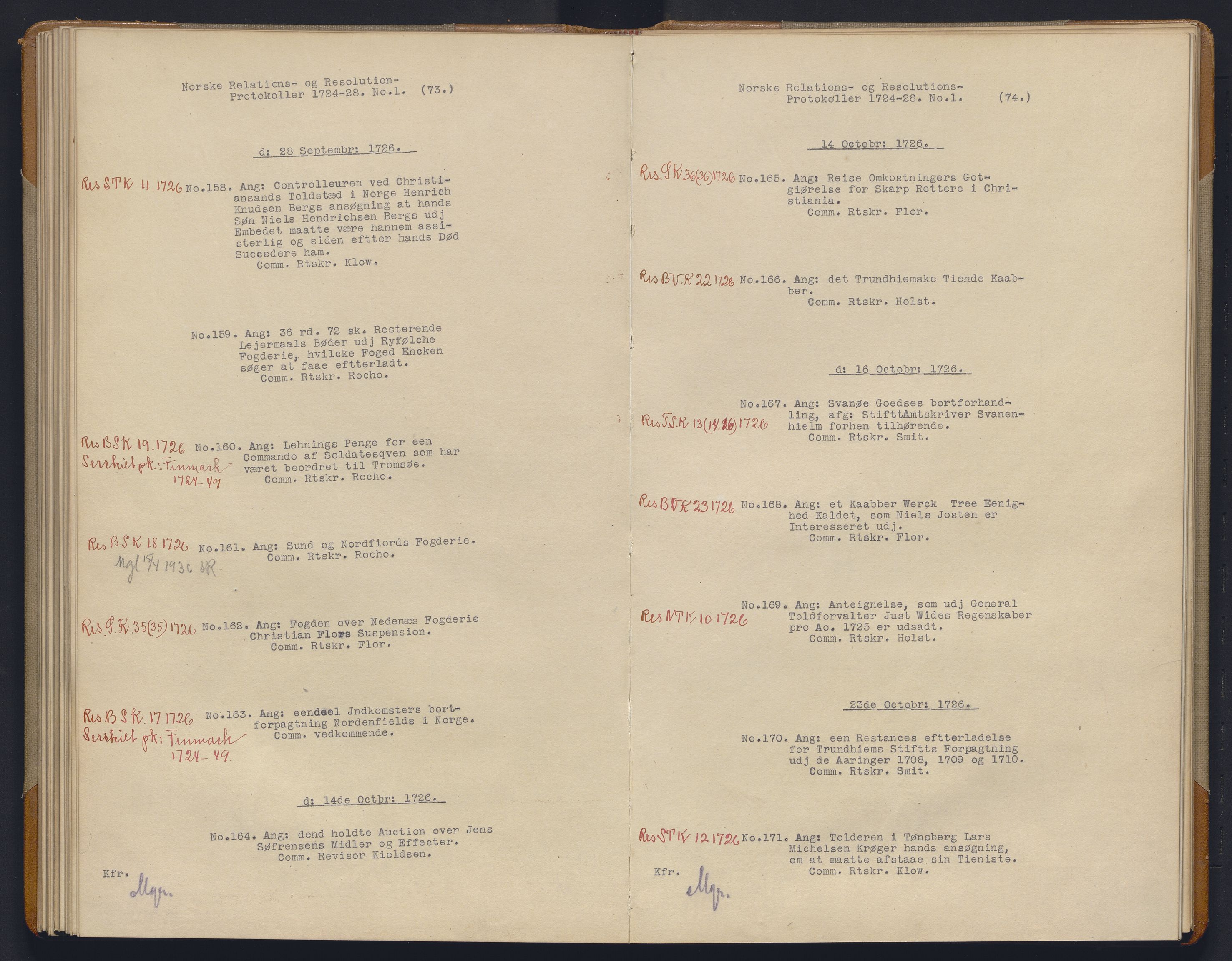 Avskriftsamlingen, AV/RA-EA-4022/F/Fb/L0115: Registratur over norske Relasjons- og resolusjonsprotkoller, 1724-1728, p. 57