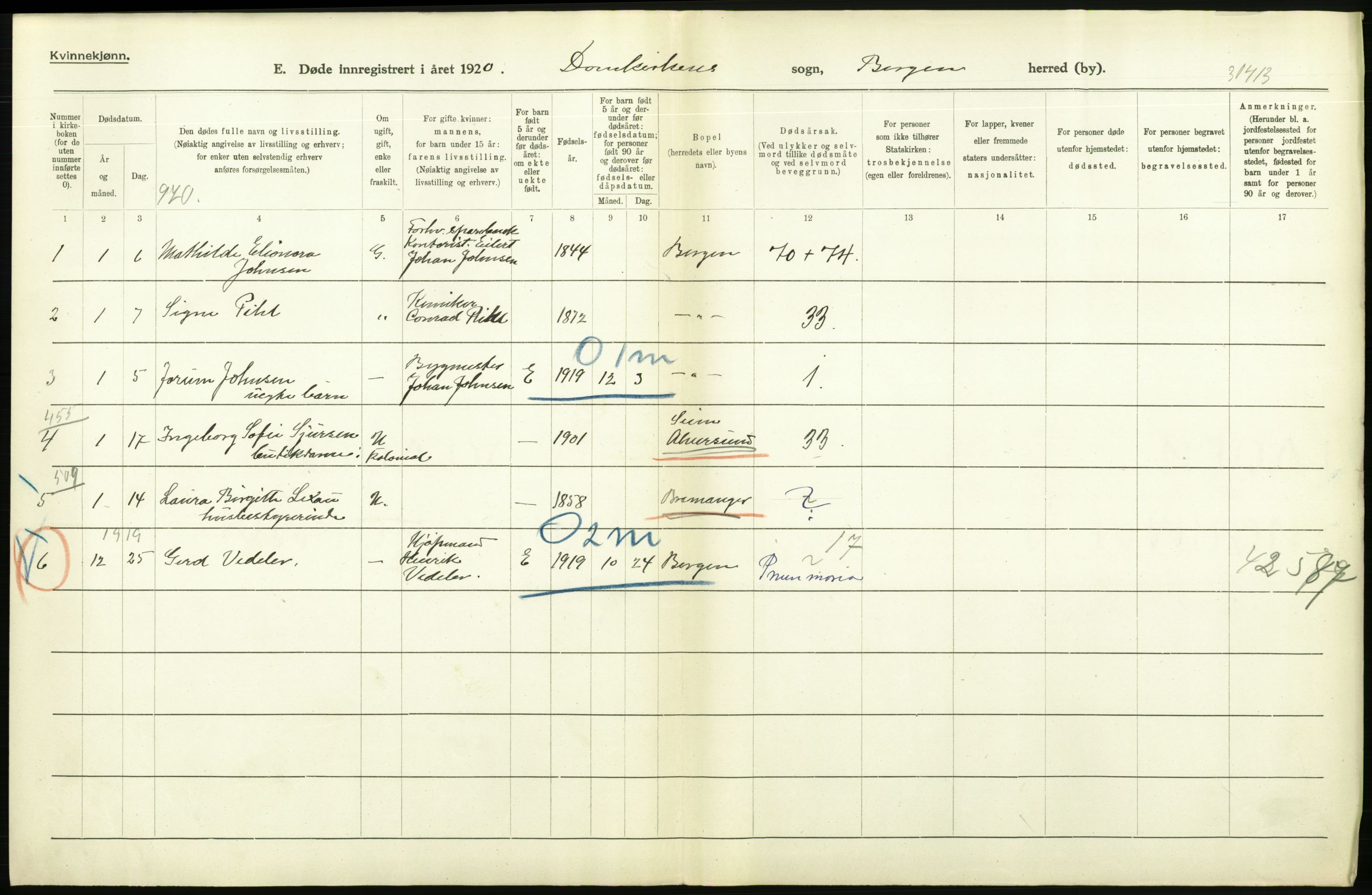 Statistisk sentralbyrå, Sosiodemografiske emner, Befolkning, AV/RA-S-2228/D/Df/Dfb/Dfbj/L0042: Bergen: Gifte, døde, dødfødte., 1920, p. 684