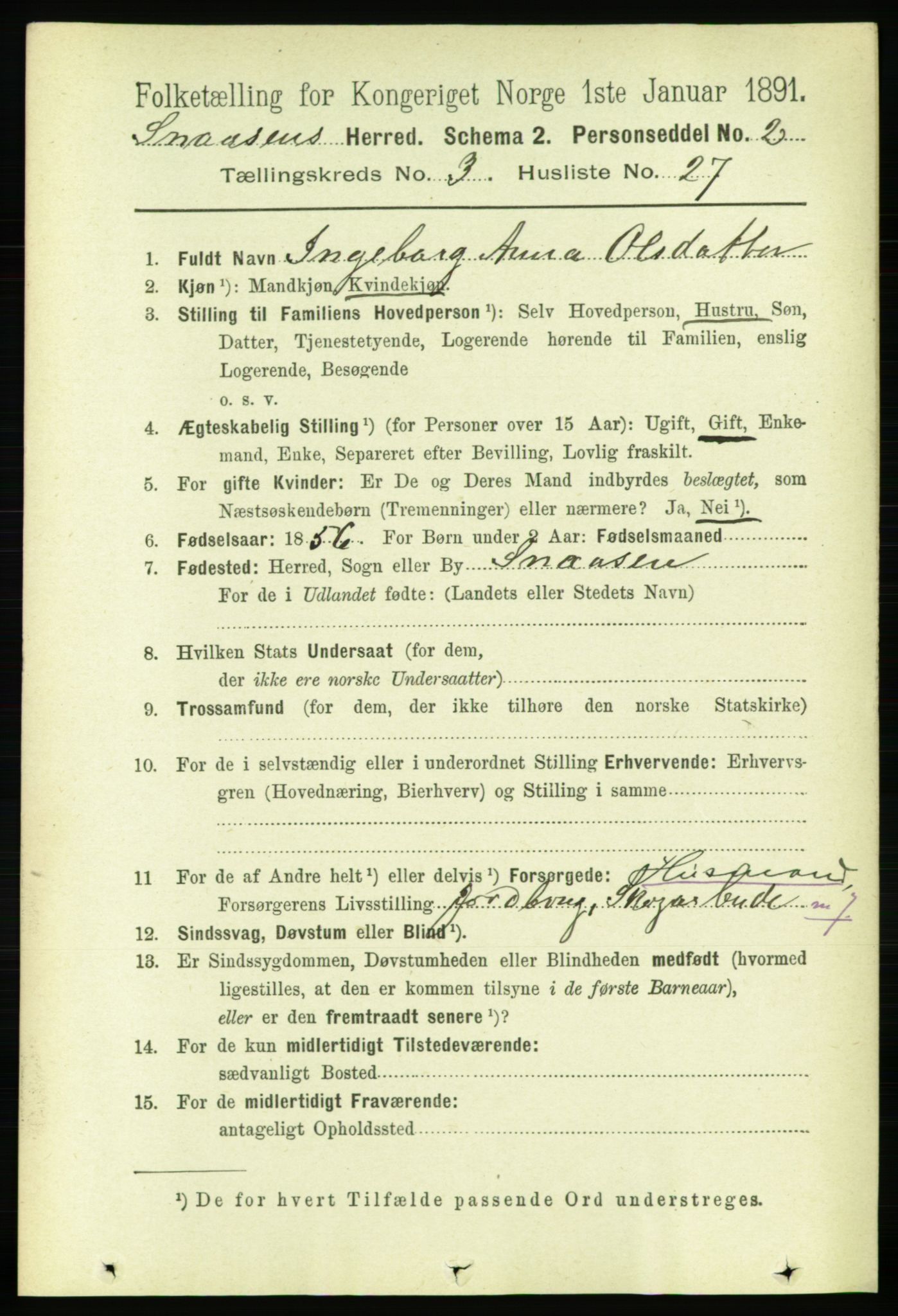 RA, 1891 census for 1736 Snåsa, 1891, p. 813