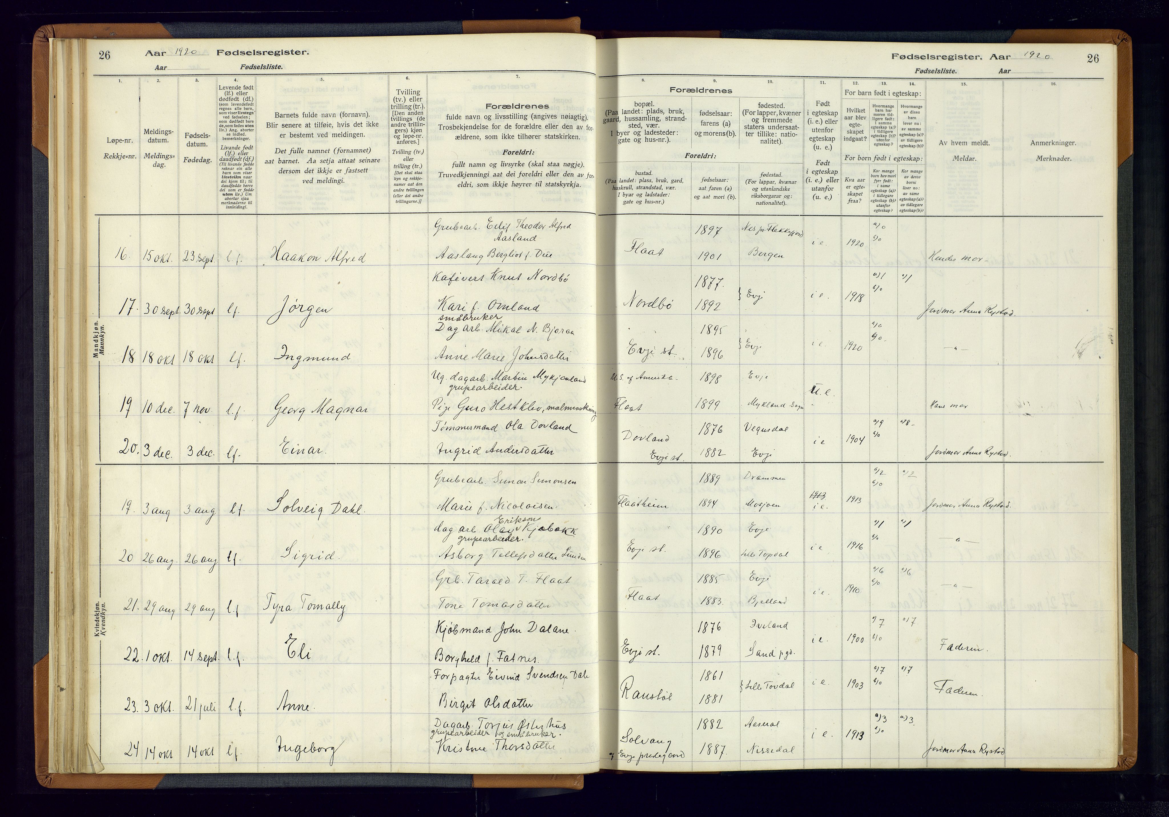 Evje sokneprestkontor, AV/SAK-1111-0008/J/Jc/L0004: Birth register no. 4, 1916-1968, p. 26