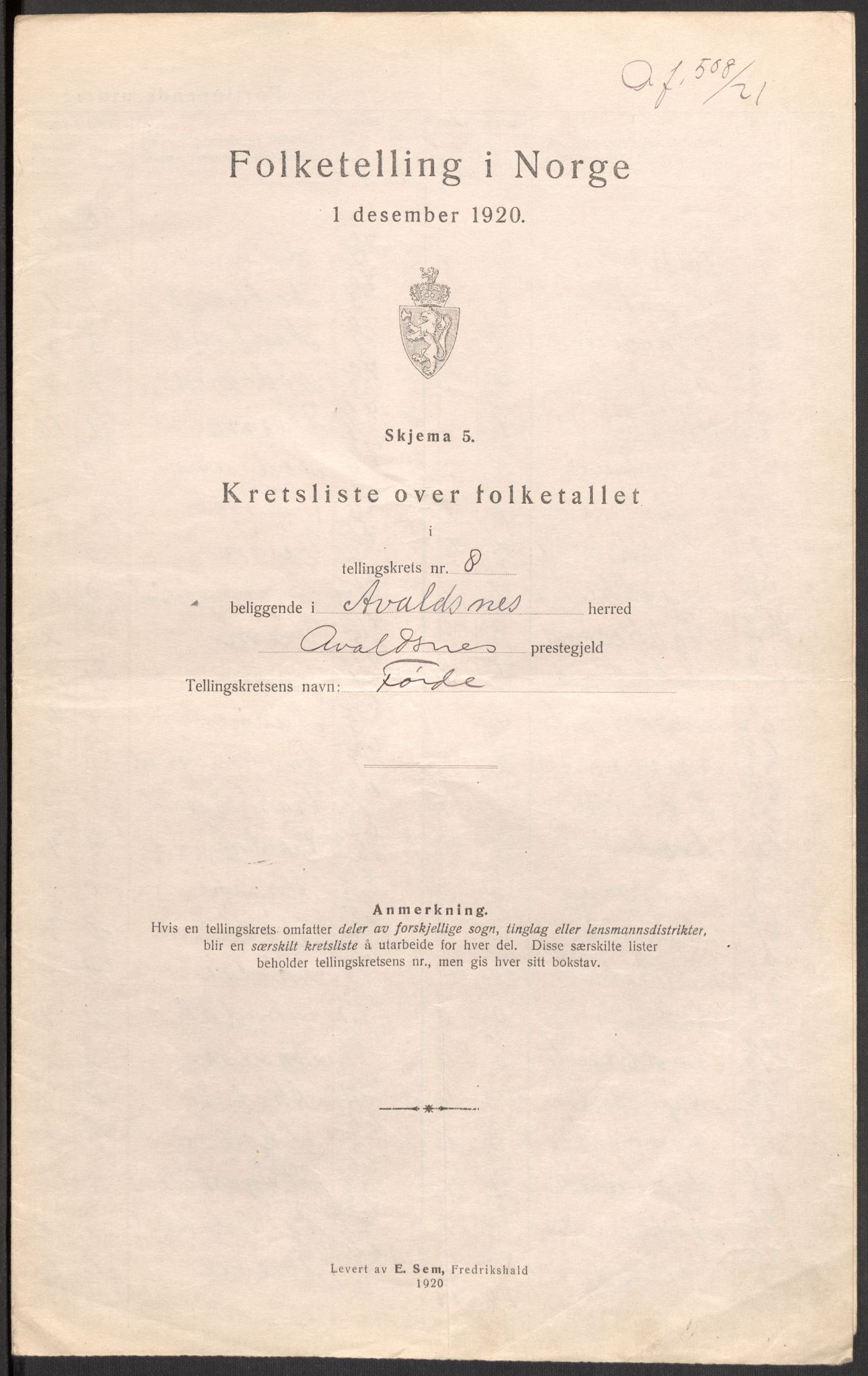 SAST, 1920 census for Avaldsnes, 1920, p. 32