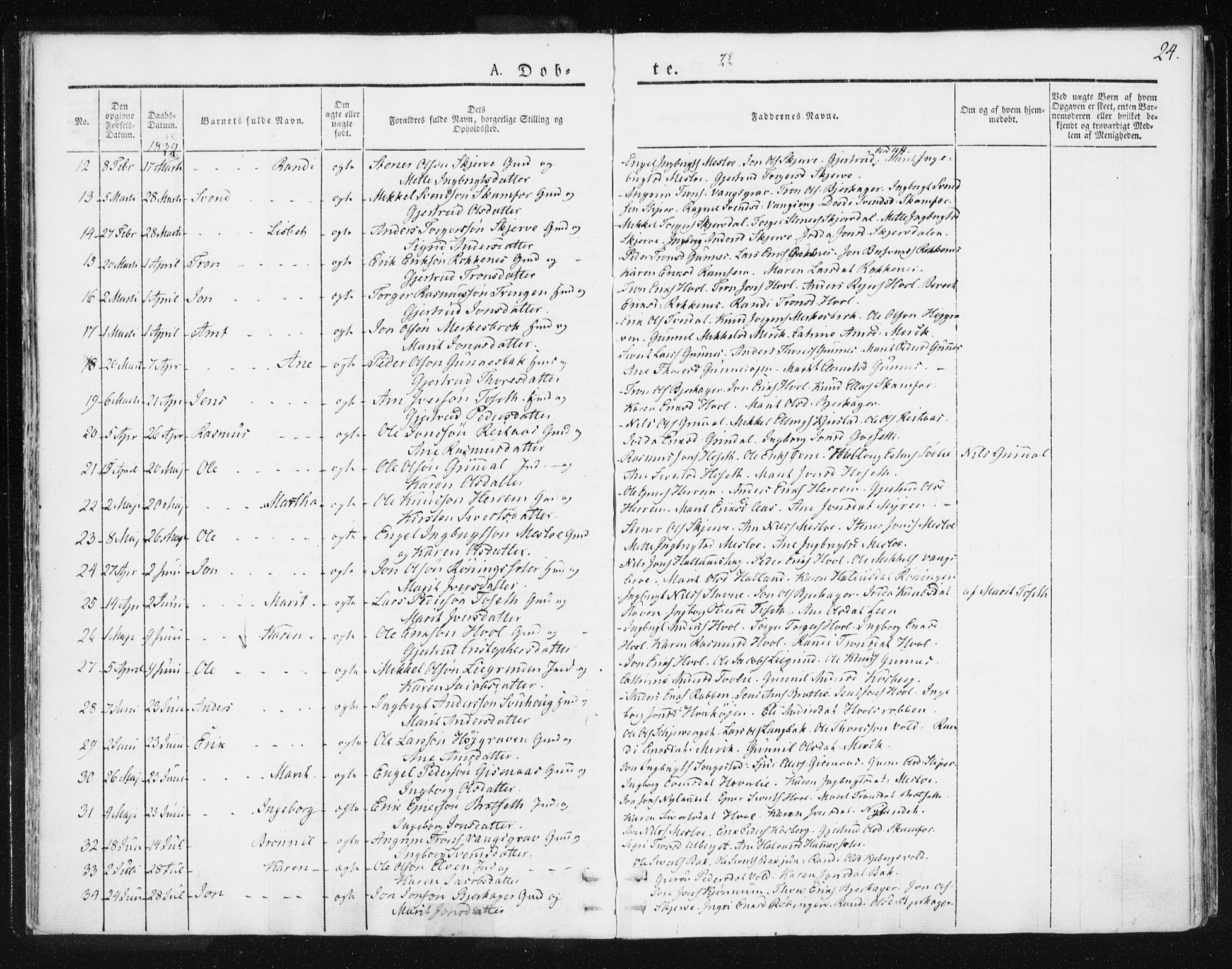 Ministerialprotokoller, klokkerbøker og fødselsregistre - Sør-Trøndelag, SAT/A-1456/674/L0869: Parish register (official) no. 674A01, 1829-1860, p. 24