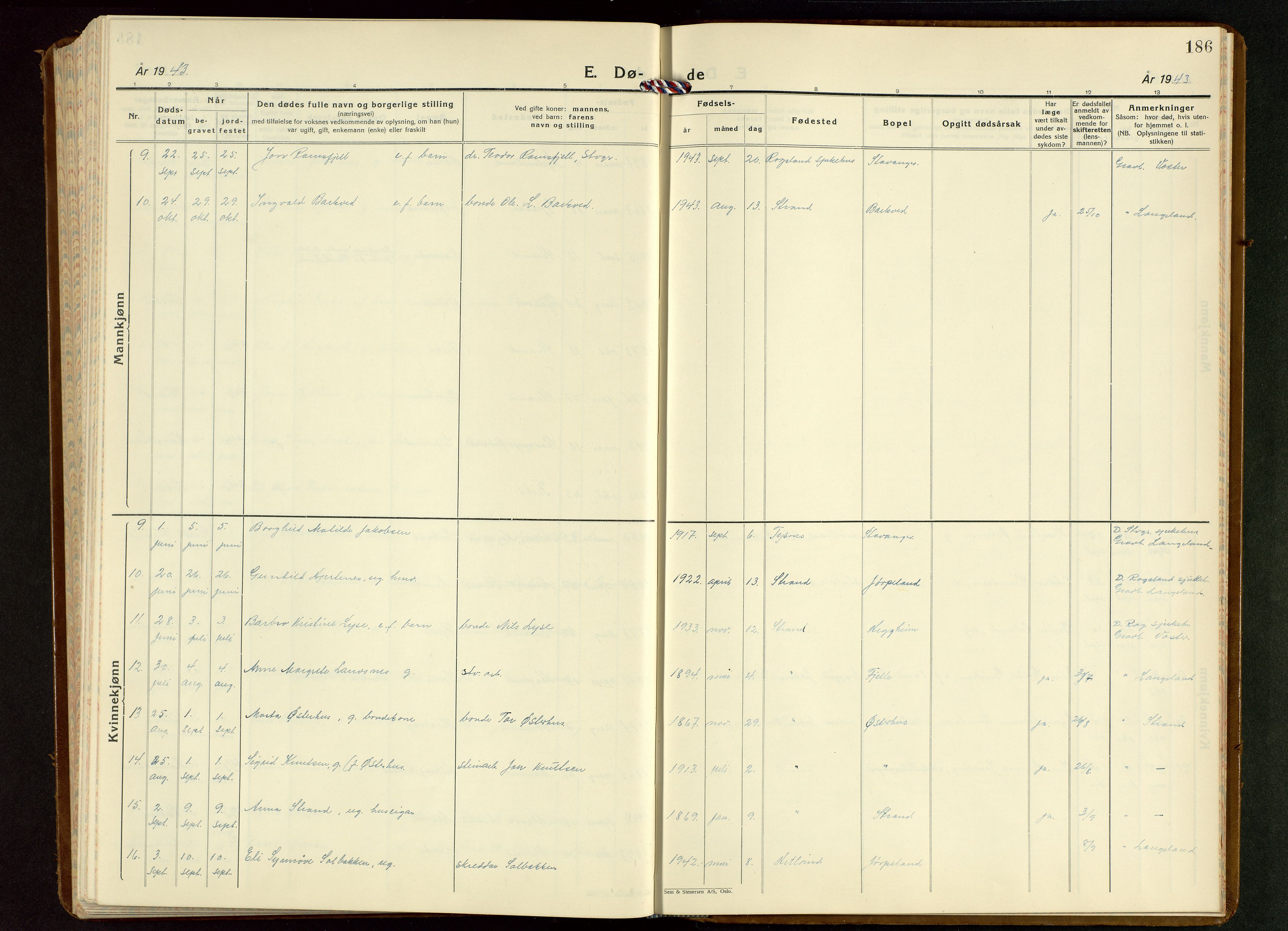 Strand sokneprestkontor, AV/SAST-A-101828/H/Ha/Hab/L0006: Parish register (copy) no. B 6, 1933-1950, p. 186