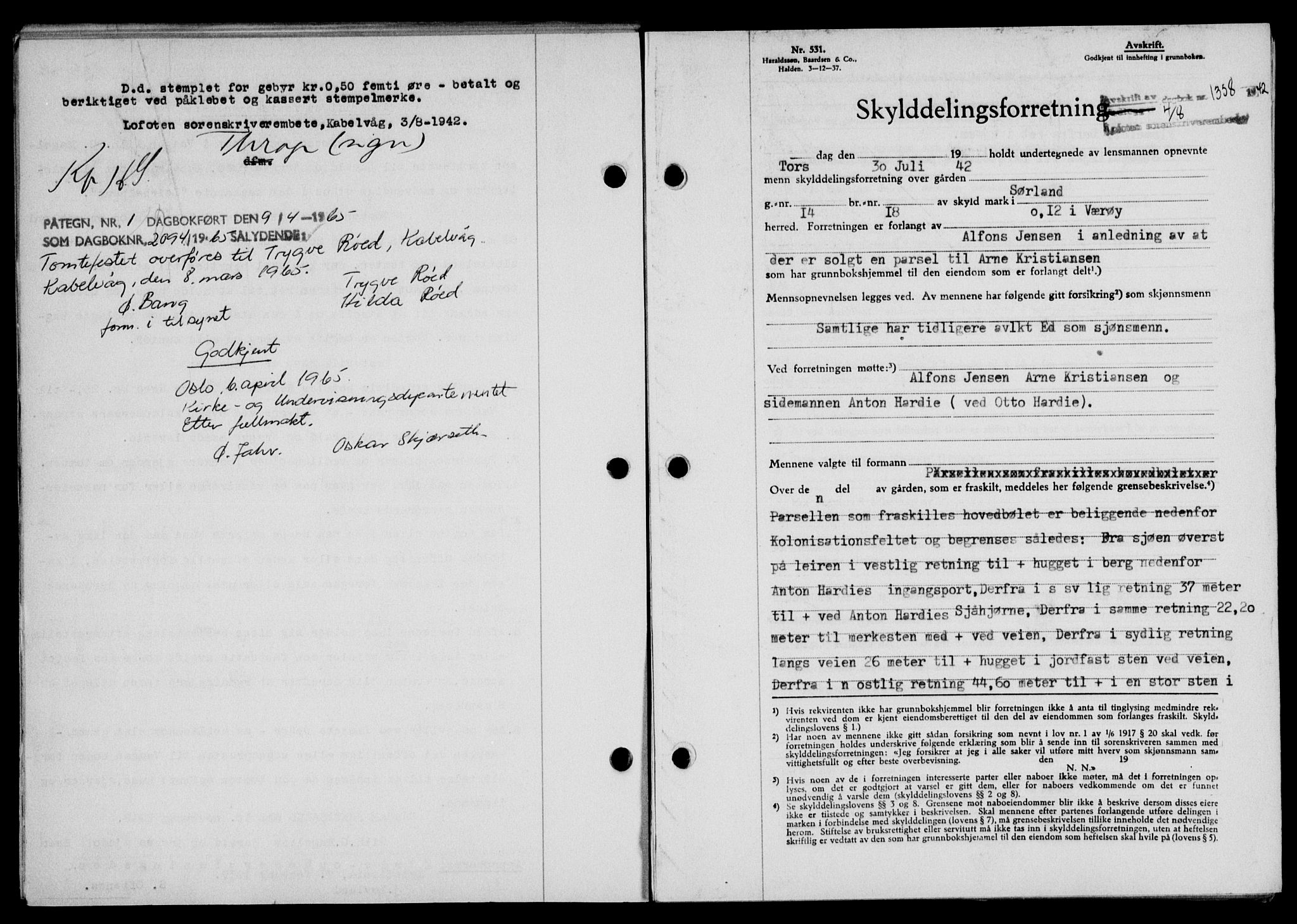 Lofoten sorenskriveri, SAT/A-0017/1/2/2C/L0010a: Mortgage book no. 10a, 1942-1943, Diary no: : 1358/1942