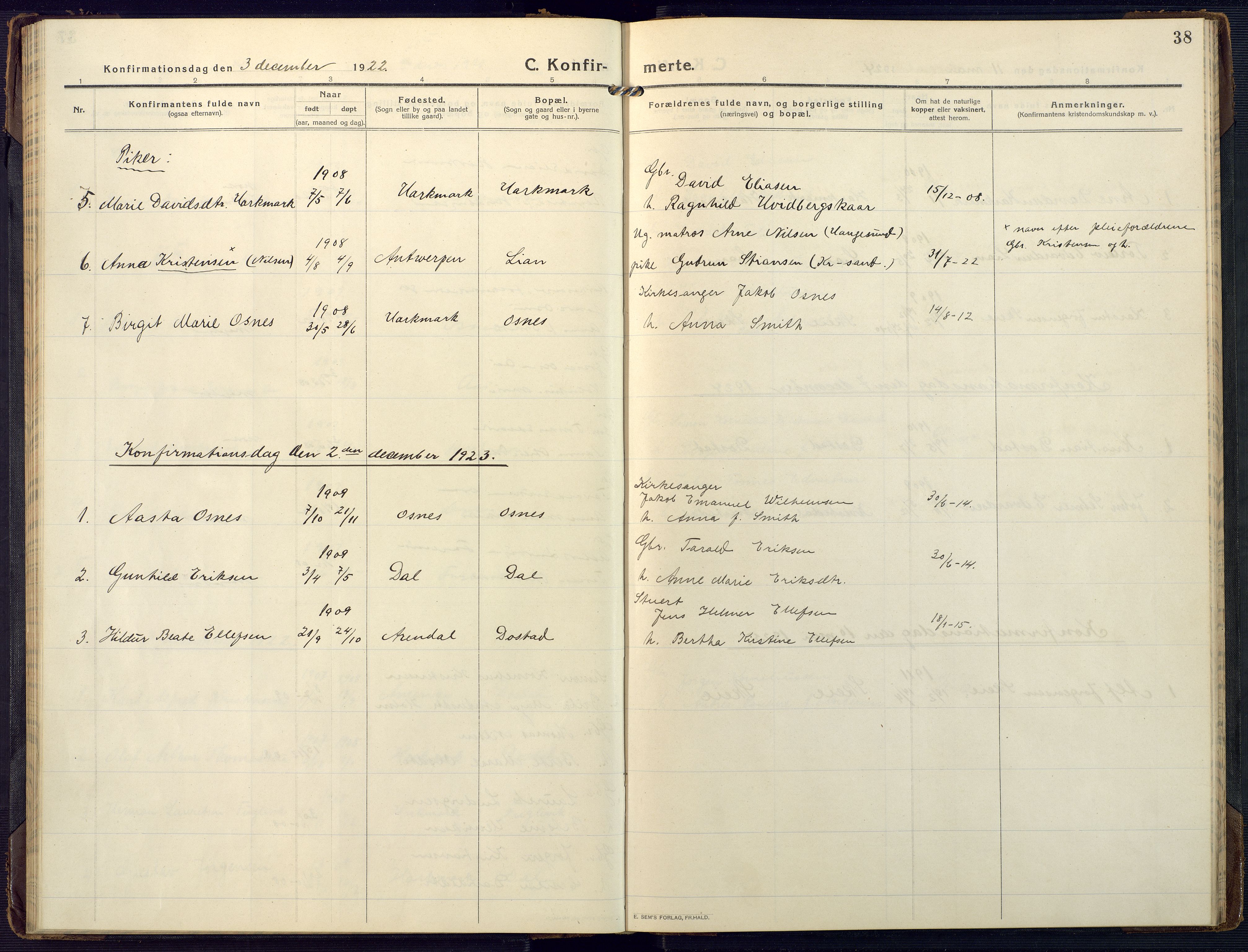 Mandal sokneprestkontor, SAK/1111-0030/F/Fa/Fab/L0003: Parish register (official) no. A 3, 1913-1933, p. 38