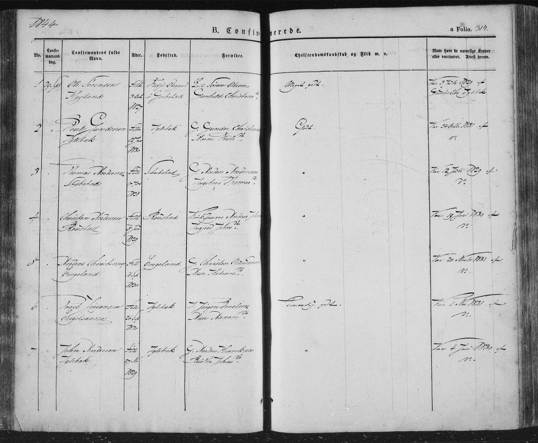 Vennesla sokneprestkontor, AV/SAK-1111-0045/Fa/Fac/L0004: Parish register (official) no. A 4, 1834-1855, p. 314