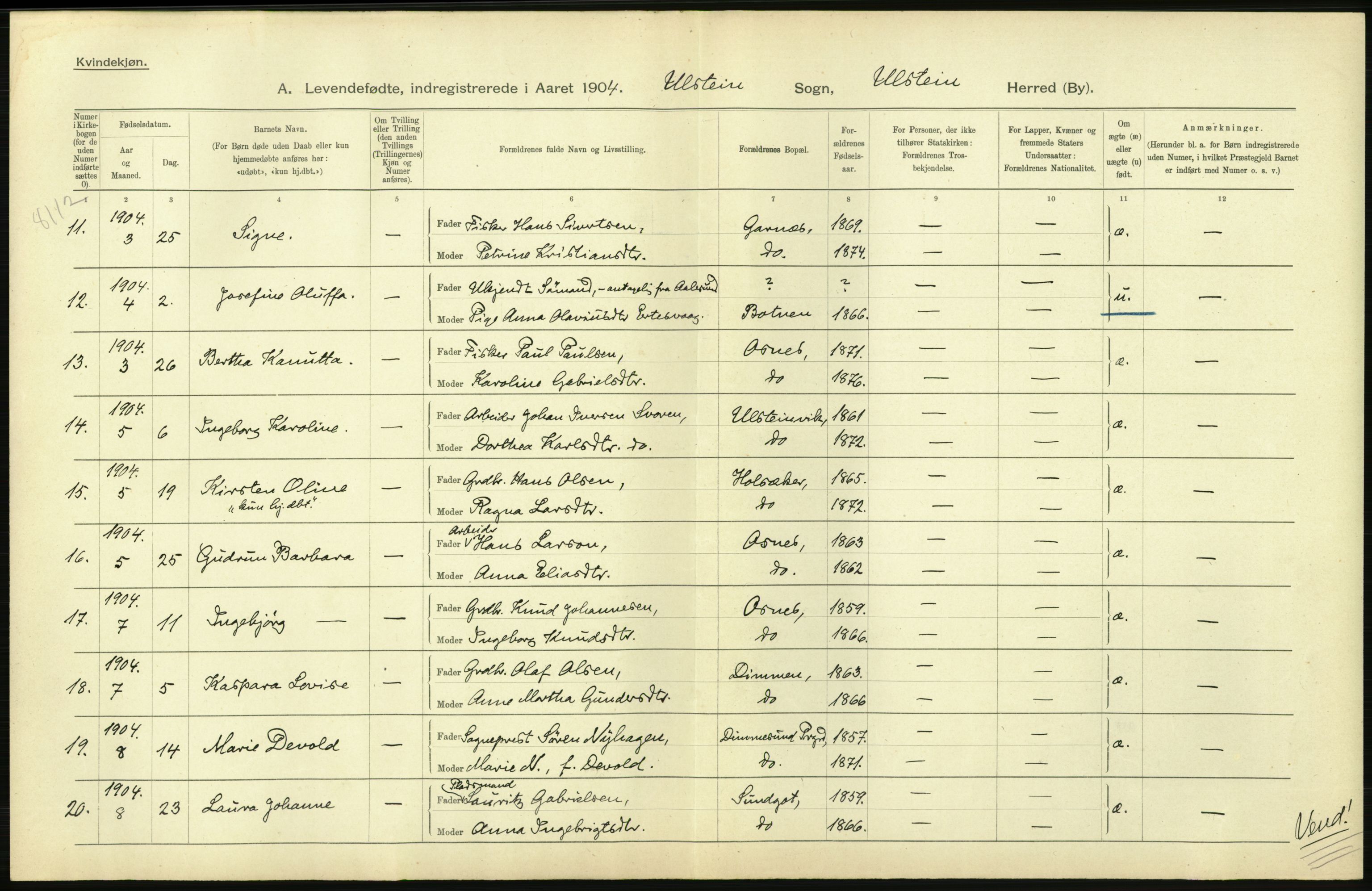 Statistisk sentralbyrå, Sosiodemografiske emner, Befolkning, AV/RA-S-2228/D/Df/Dfa/Dfab/L0016: Romsdals amt: Fødte, gifte, døde., 1904, p. 56