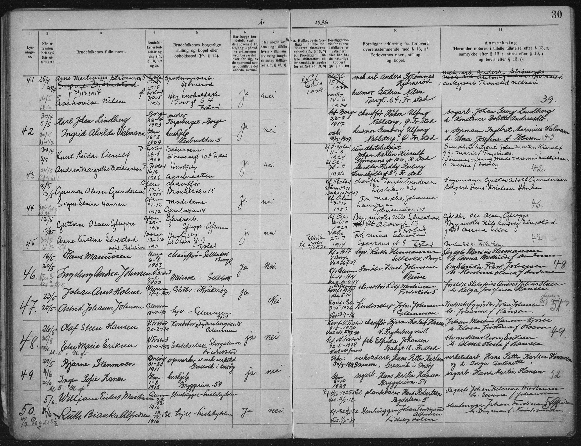 Glemmen prestekontor Kirkebøker, AV/SAO-A-10908/H/Ha/L0003: Banns register no. 3, 1933-1941, p. 30
