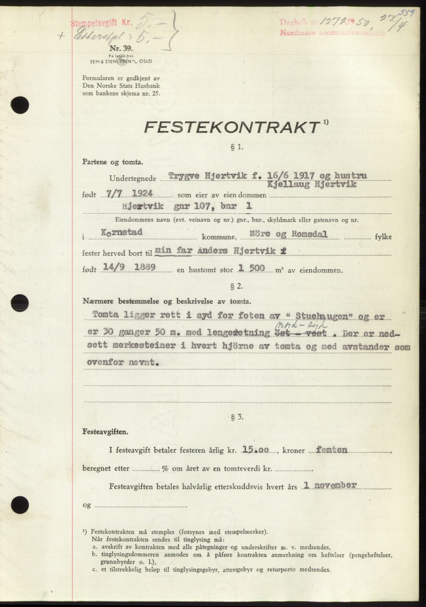 Nordmøre sorenskriveri, AV/SAT-A-4132/1/2/2Ca: Mortgage book no. B104, 1950-1950, Diary no: : 1272/1950