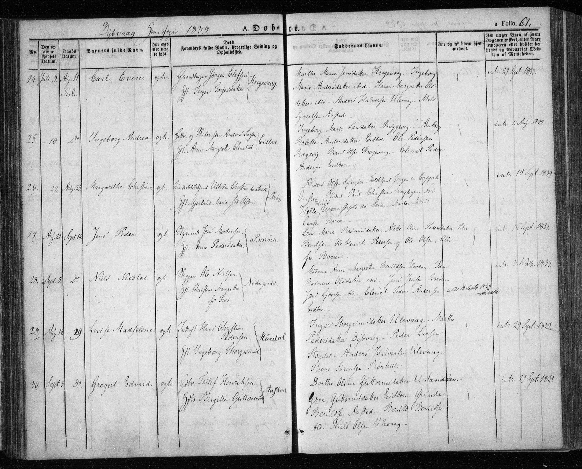 Dypvåg sokneprestkontor, AV/SAK-1111-0007/F/Fa/Faa/L0004: Parish register (official) no. A 4, 1824-1840, p. 61