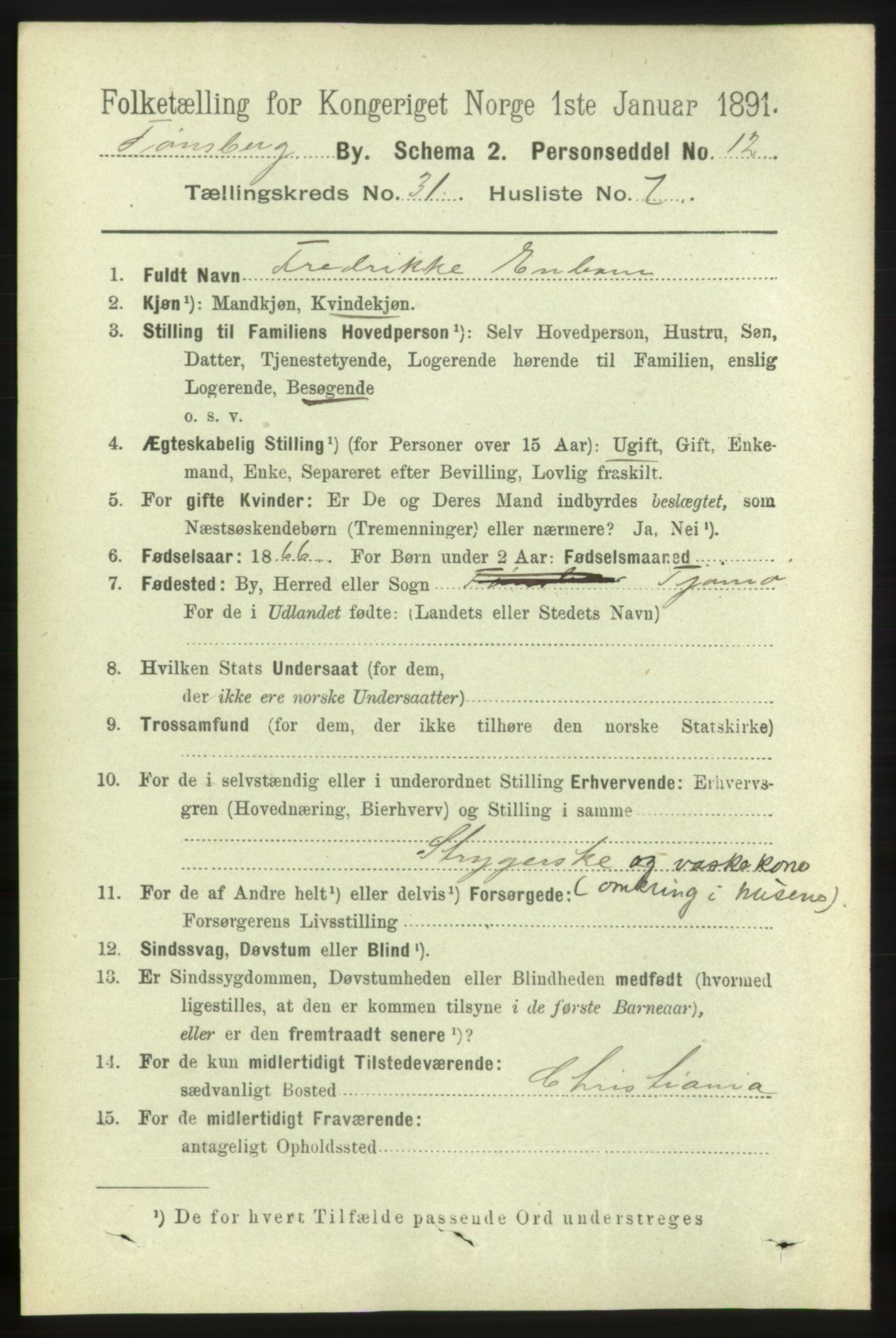 RA, 1891 census for 0705 Tønsberg, 1891, p. 7452