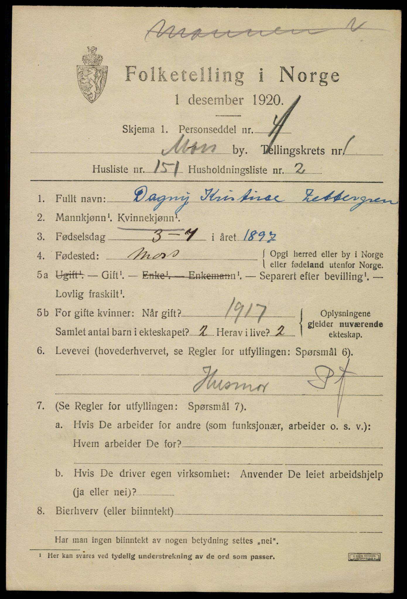 SAO, 1920 census for Moss, 1920, p. 8461