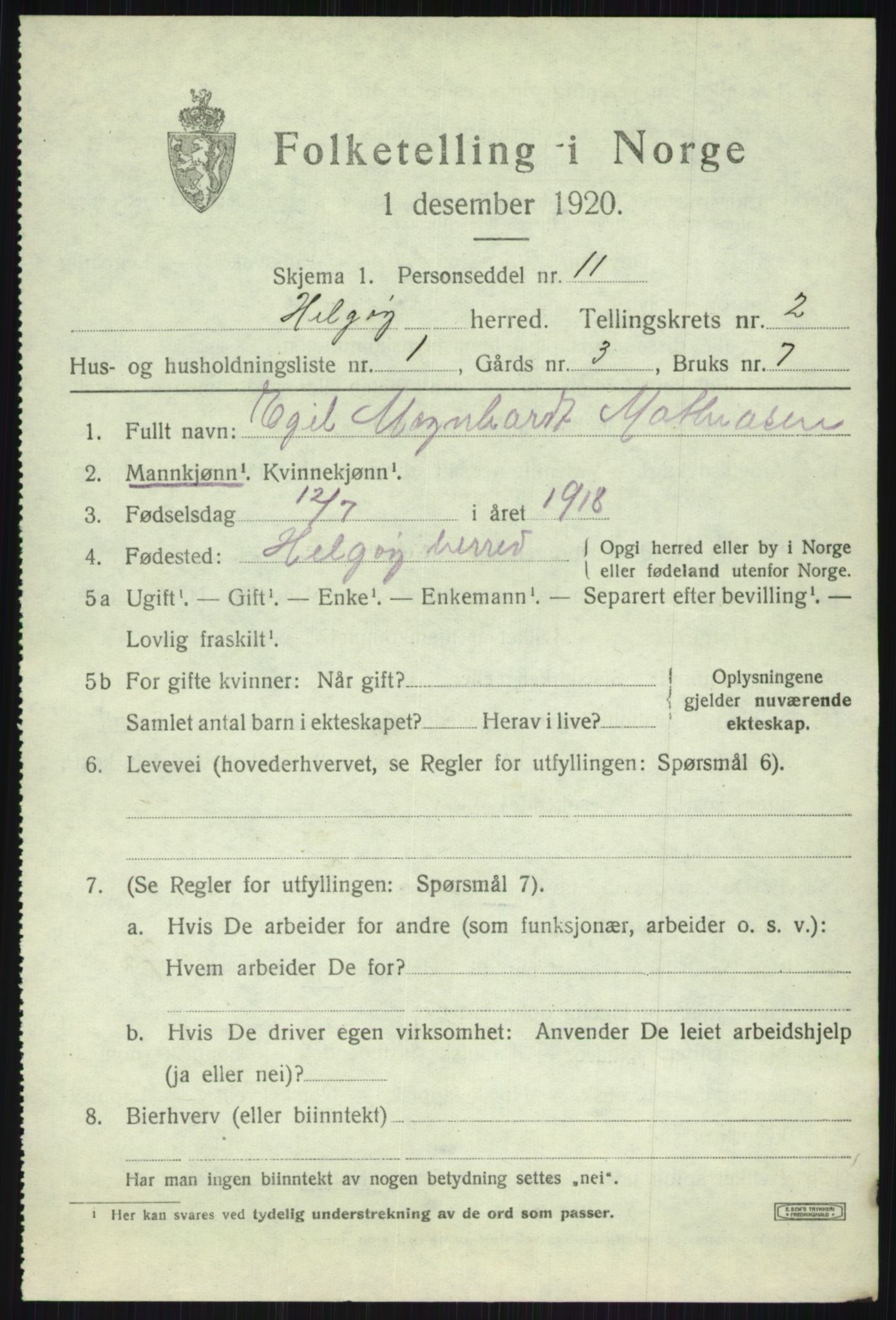 SATØ, 1920 census for Helgøy, 1920, p. 1137
