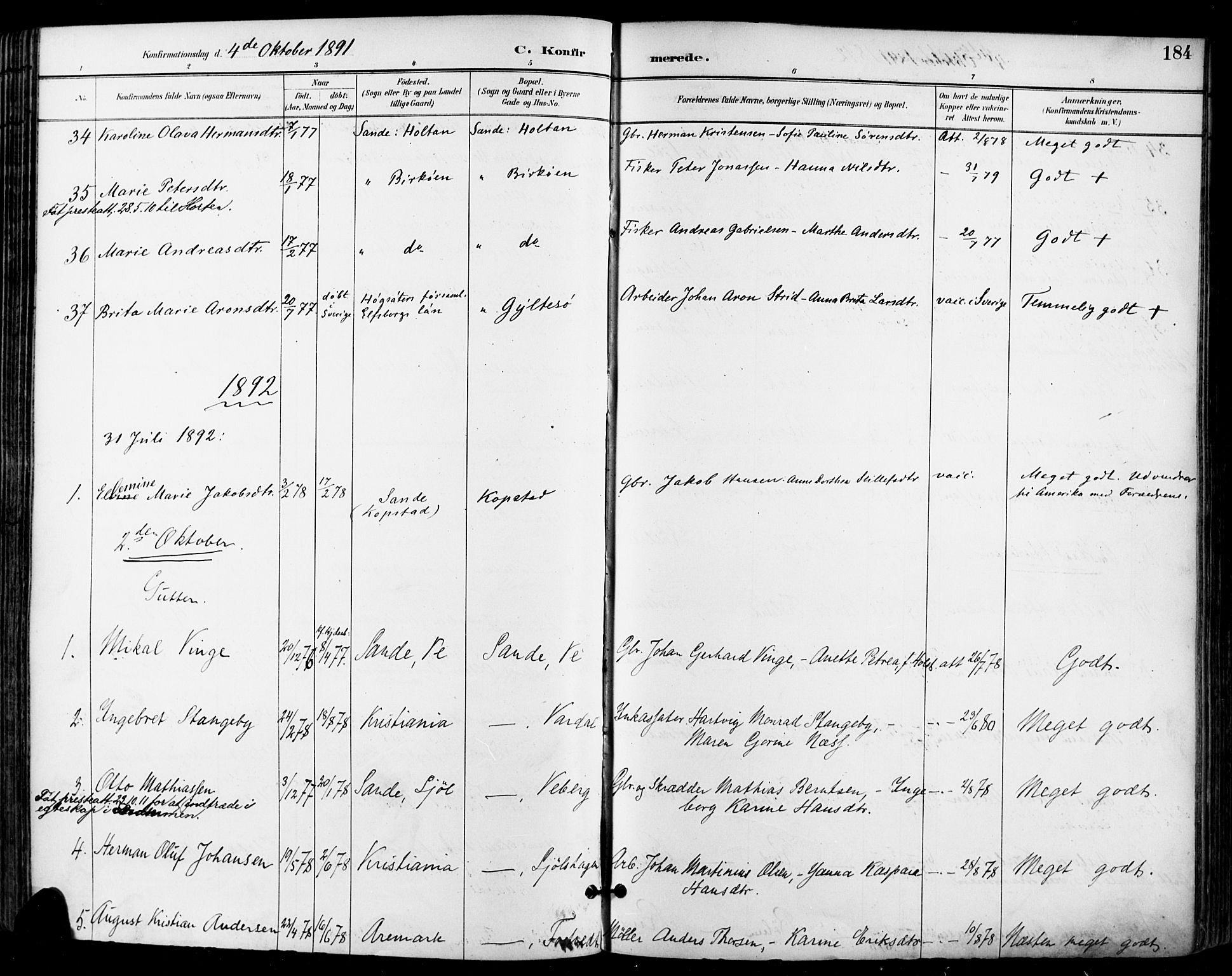 Sande Kirkebøker, AV/SAKO-A-53/F/Fa/L0007: Parish register (official) no. 7, 1888-1903, p. 184