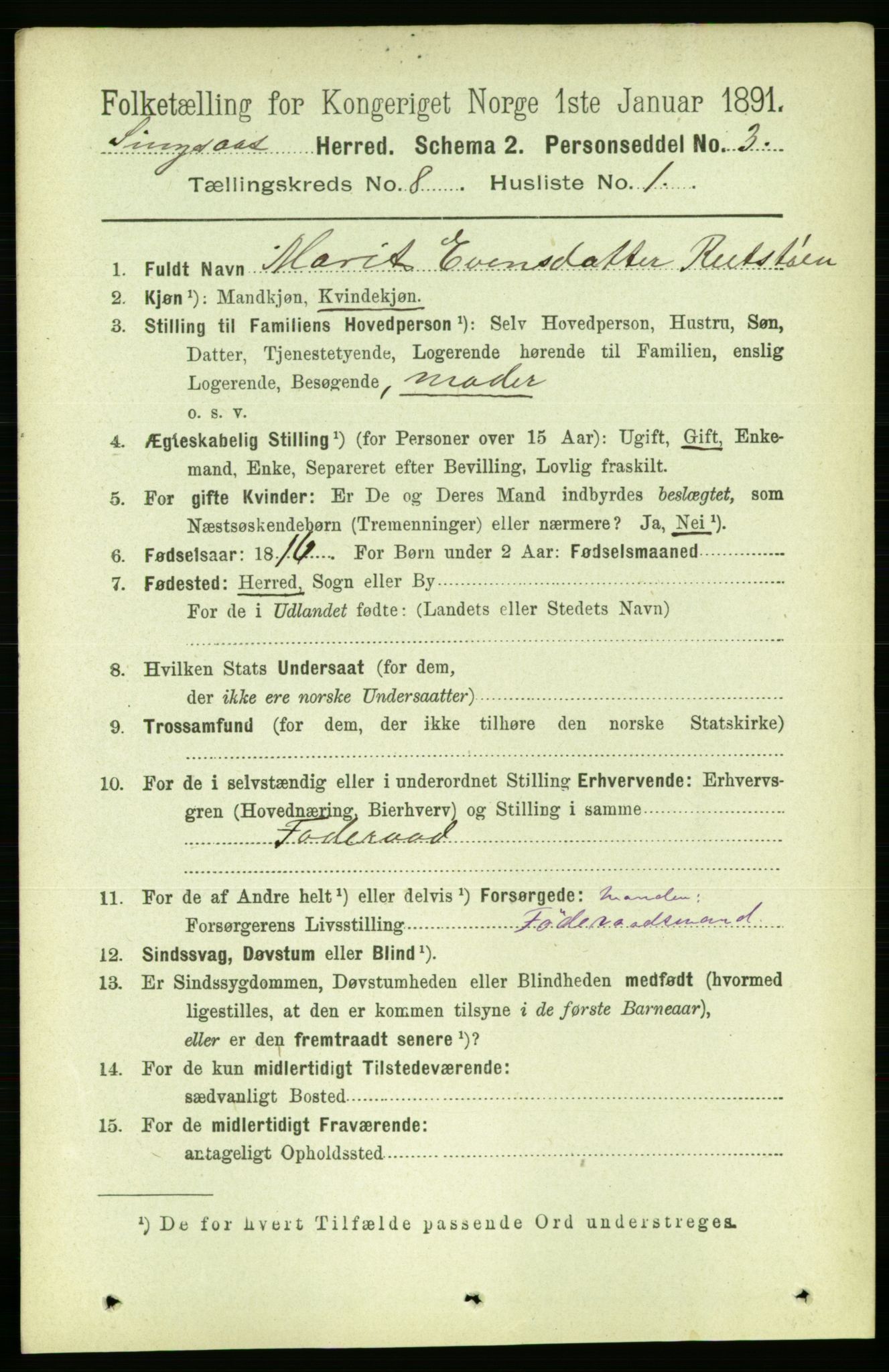 RA, 1891 census for 1646 Singsås, 1891, p. 1708