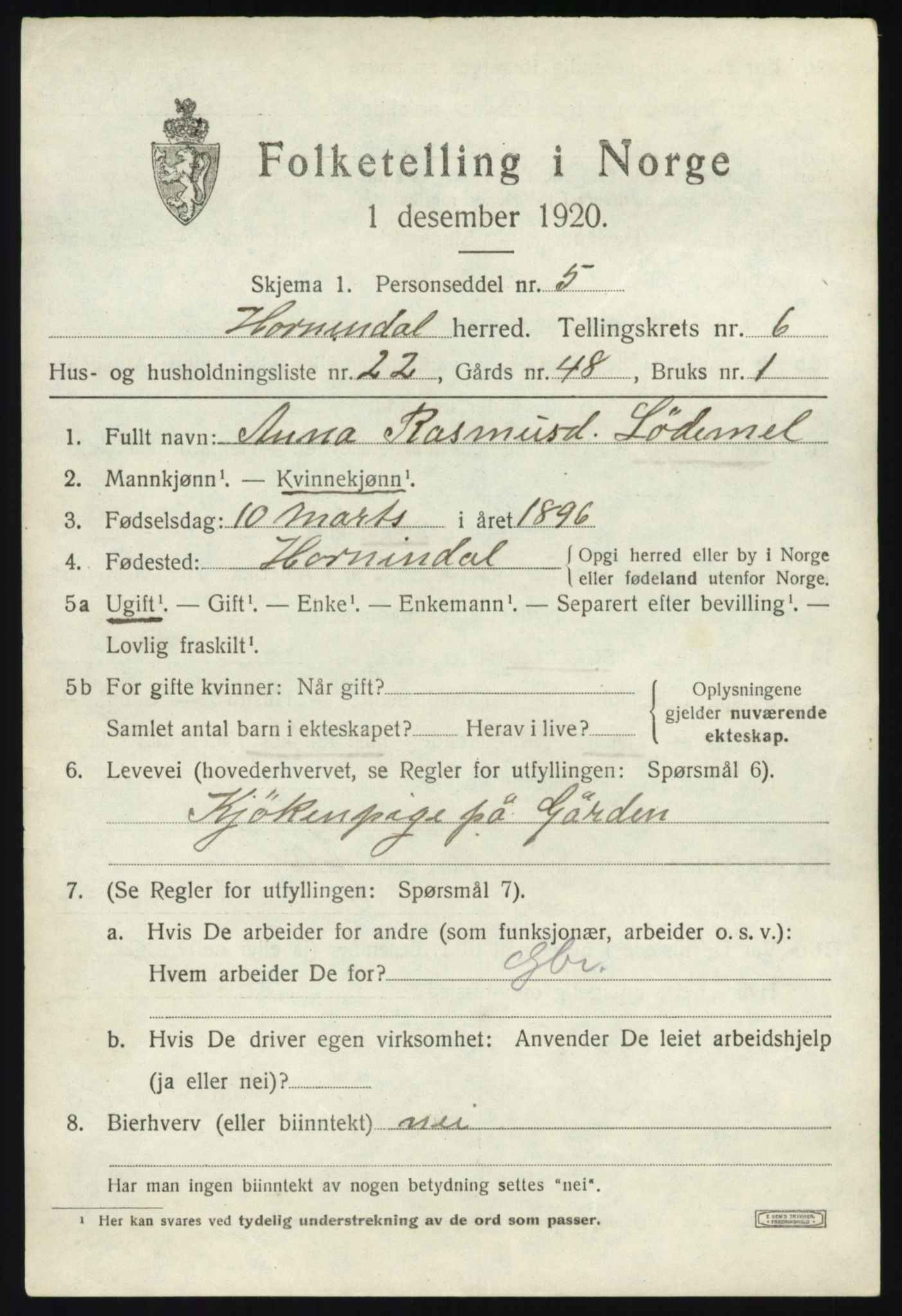 SAB, 1920 census for Hornindal, 1920, p. 3412