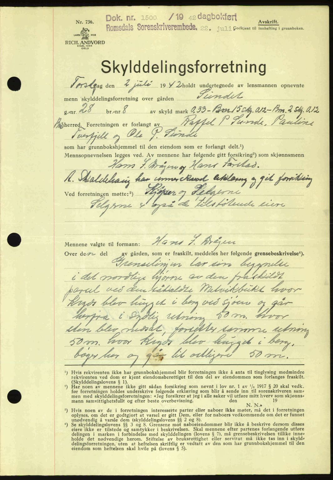 Romsdal sorenskriveri, AV/SAT-A-4149/1/2/2C: Mortgage book no. A12, 1942-1942, Diary no: : 1500/1942