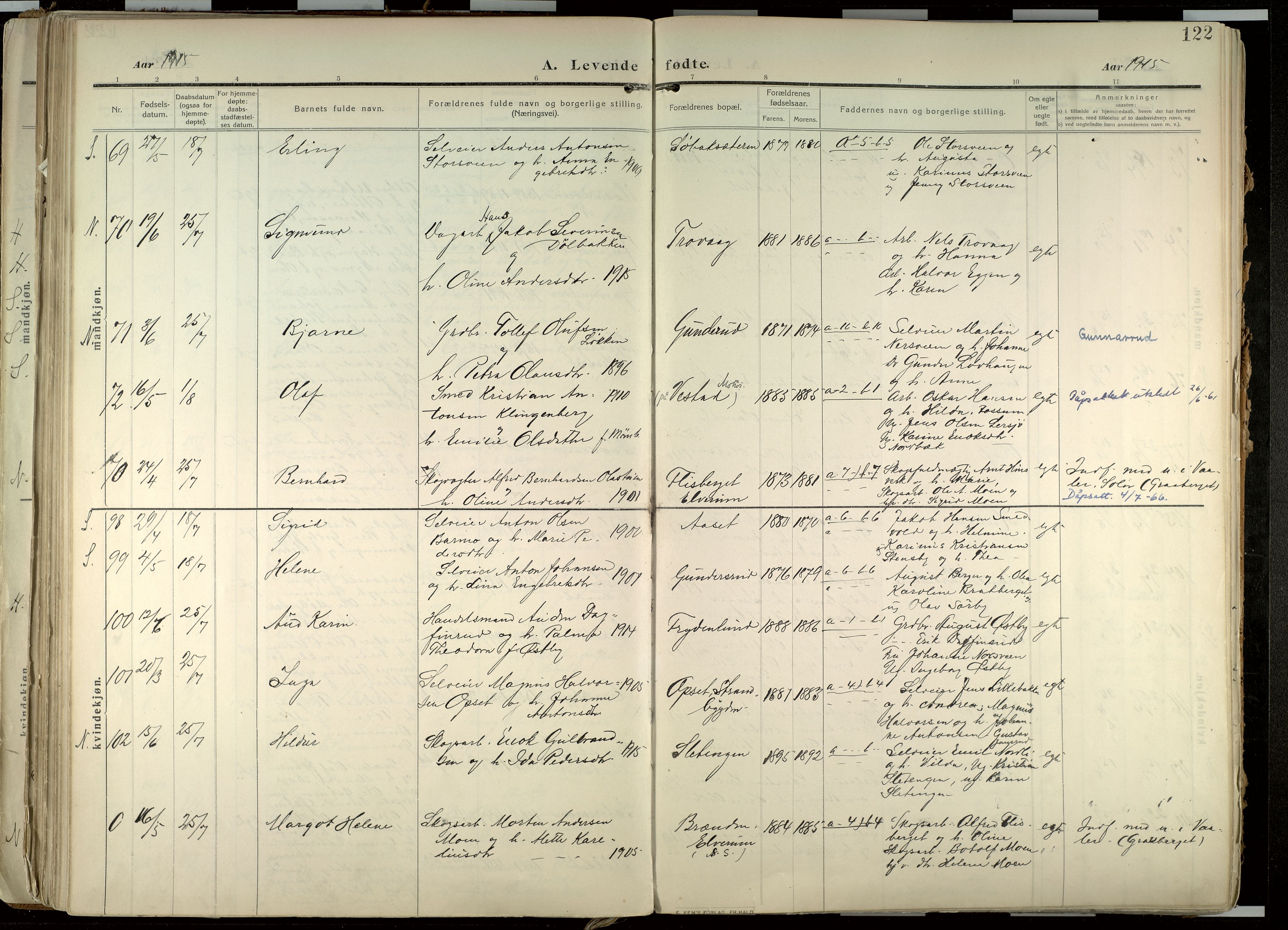 Elverum prestekontor, AV/SAH-PREST-044/H/Ha/Haa/L0020: Parish register (official) no. 20, 1909-1921, p. 122