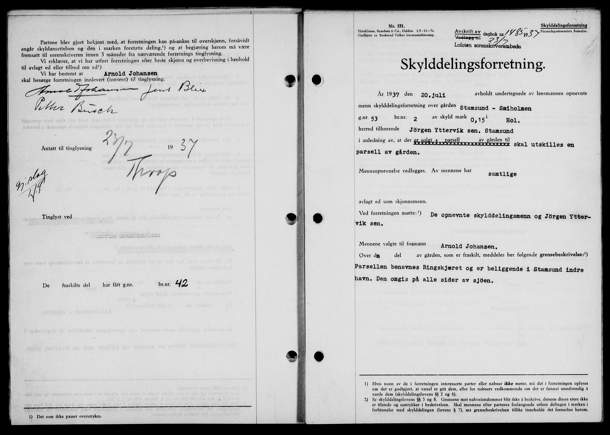 Lofoten sorenskriveri, SAT/A-0017/1/2/2C/L0002a: Mortgage book no. 2a, 1937-1937, Diary no: : 1485/1937