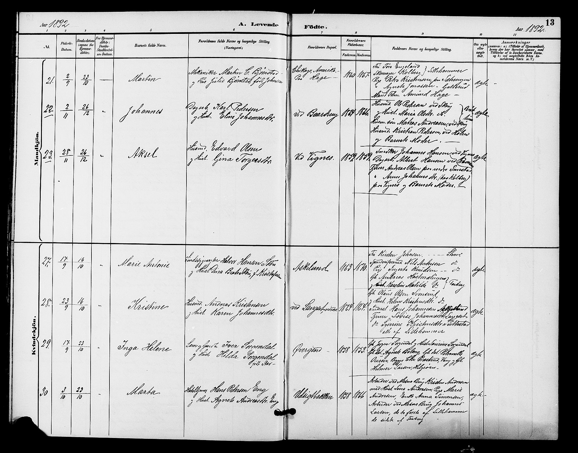 Fåberg prestekontor, AV/SAH-PREST-086/H/Ha/Hab/L0009: Parish register (copy) no. 9, 1891-1902, p. 13