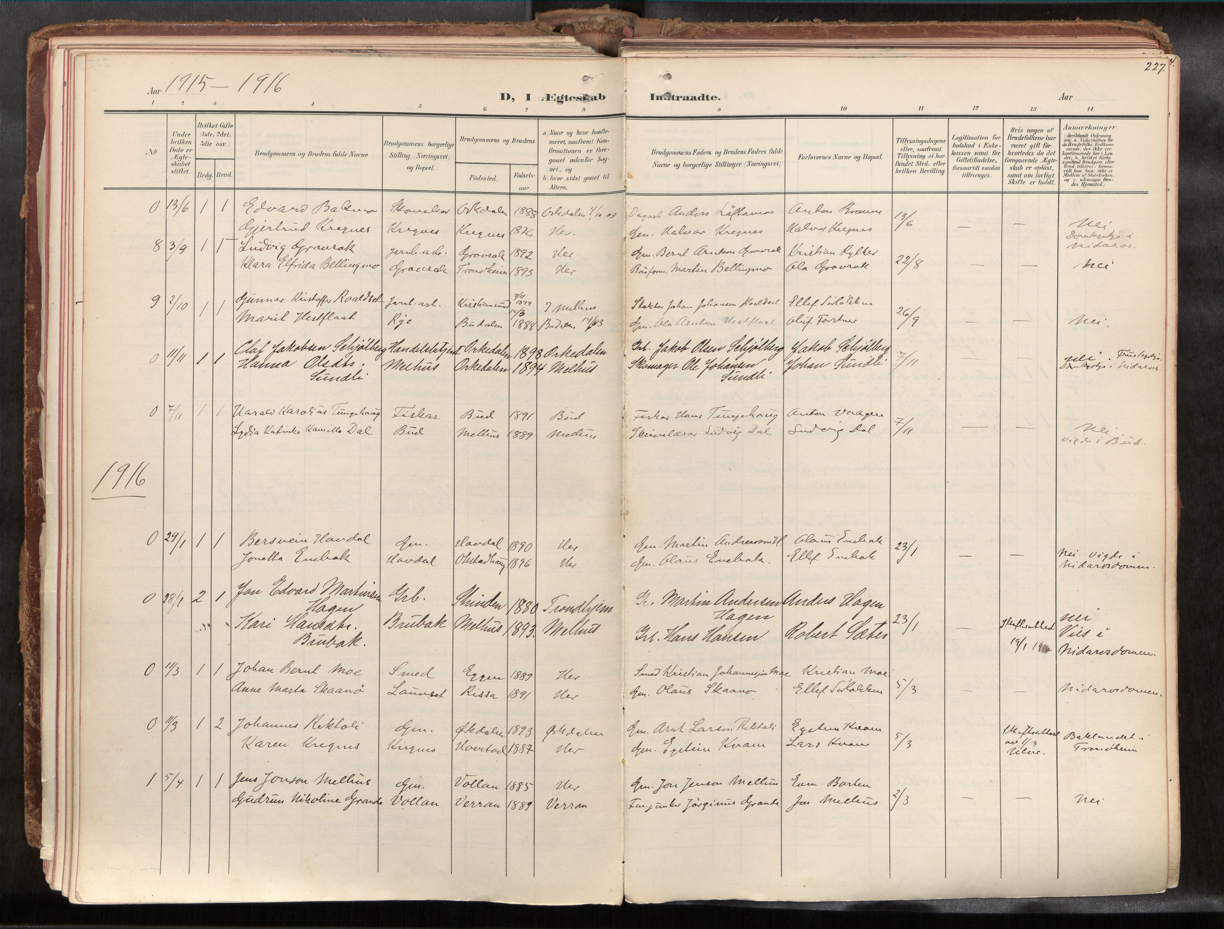 Ministerialprotokoller, klokkerbøker og fødselsregistre - Sør-Trøndelag, SAT/A-1456/691/L1085b: Parish register (official) no. 691A18, 1908-1930, p. 227