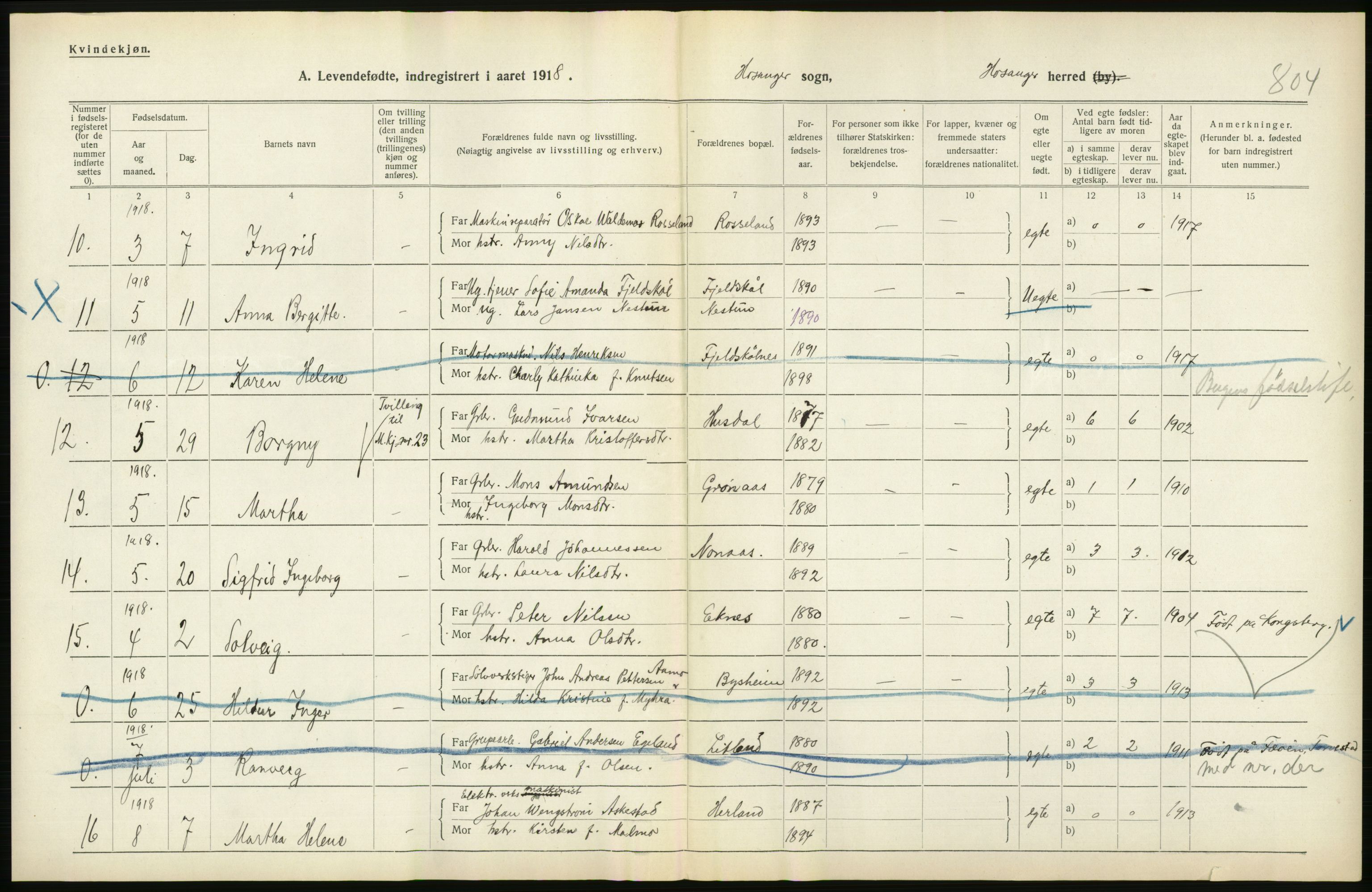 Statistisk sentralbyrå, Sosiodemografiske emner, Befolkning, RA/S-2228/D/Df/Dfb/Dfbh/L0034: Hordaland fylke: Levendefødte menn og kvinner. Bygder., 1918, p. 192