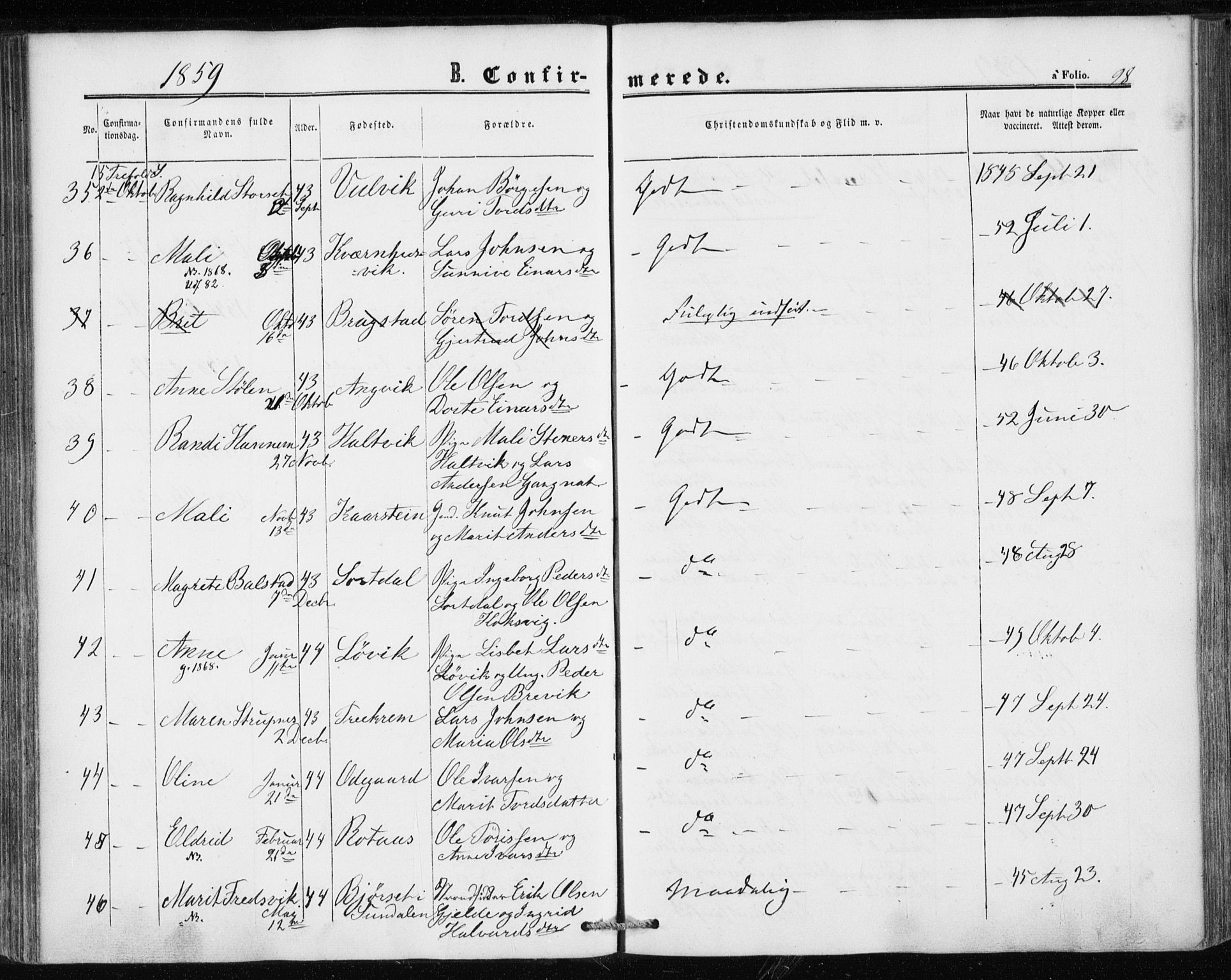 Ministerialprotokoller, klokkerbøker og fødselsregistre - Møre og Romsdal, SAT/A-1454/586/L0985: Parish register (official) no. 586A11, 1857-1866, p. 98