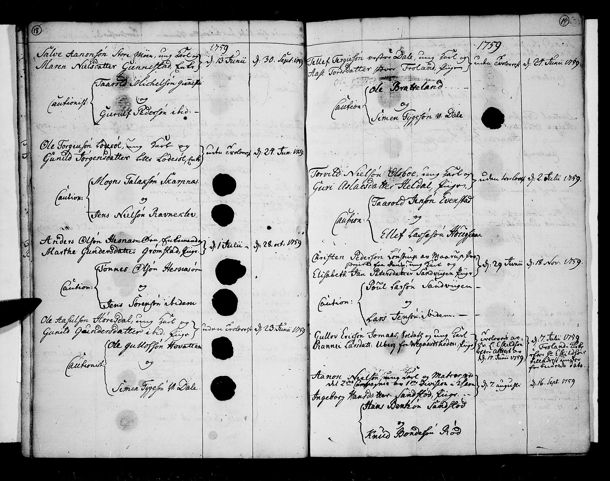 Øyestad sokneprestkontor, AV/SAK-1111-0049/F/Fa/L0007: Parish register (official) no. A 7, 1758-1767, p. 18-19