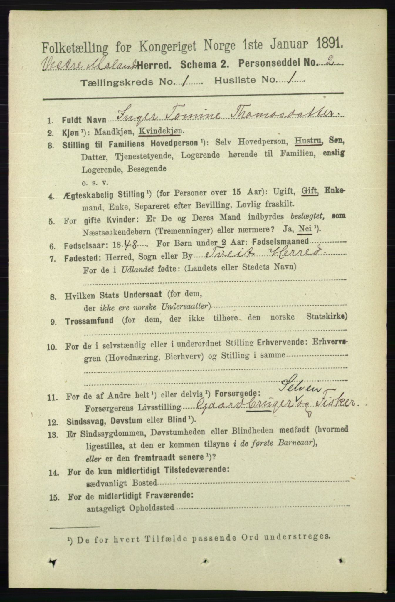 RA, 1891 census for 0926 Vestre Moland, 1891, p. 110