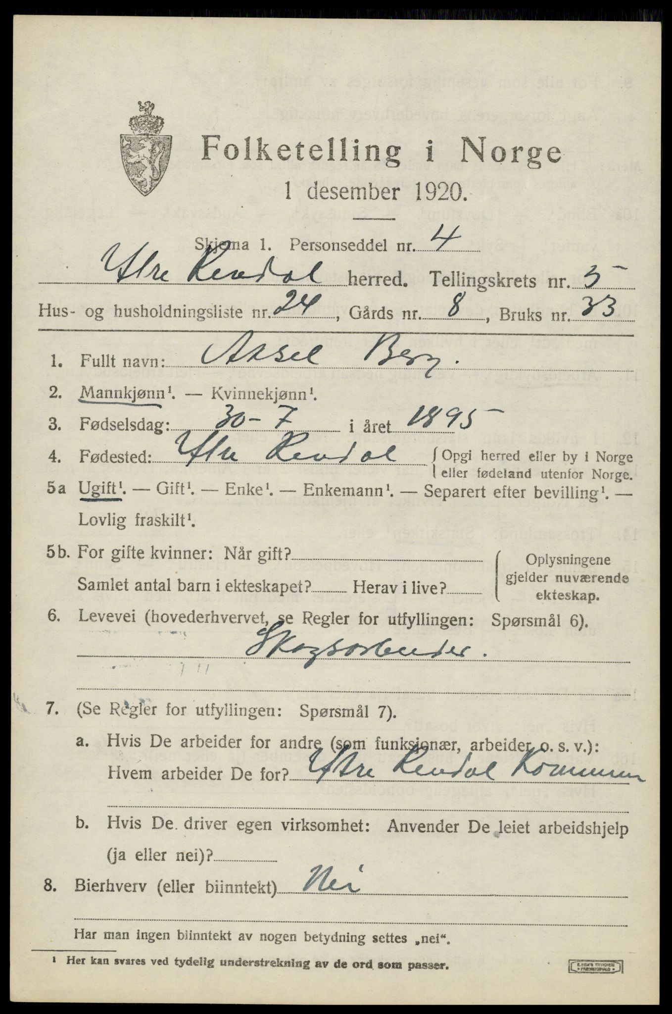 SAH, 1920 census for Ytre Rendal, 1920, p. 2917