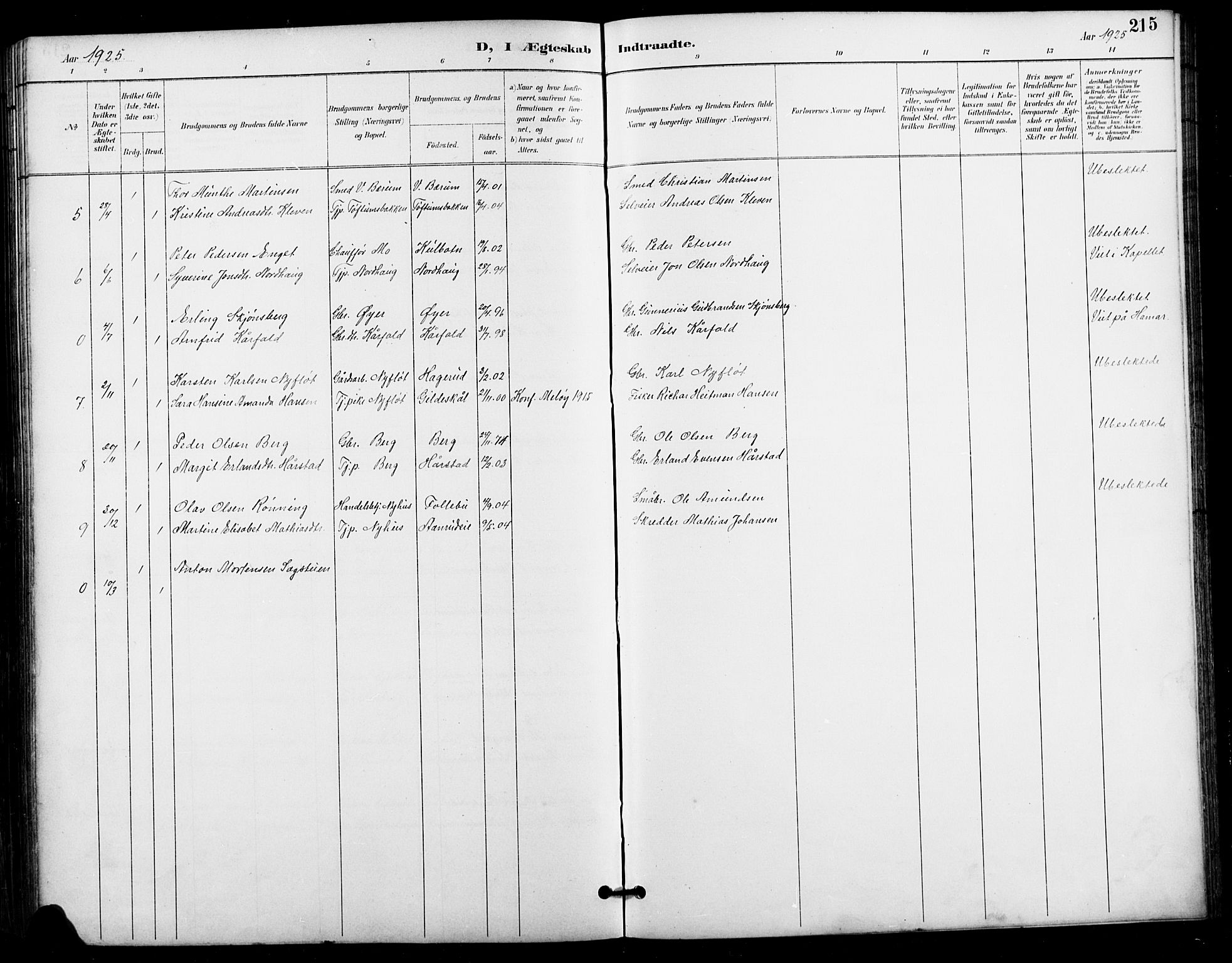 Vestre Gausdal prestekontor, SAH/PREST-094/H/Ha/Hab/L0003: Parish register (copy) no. 3, 1896-1925, p. 215