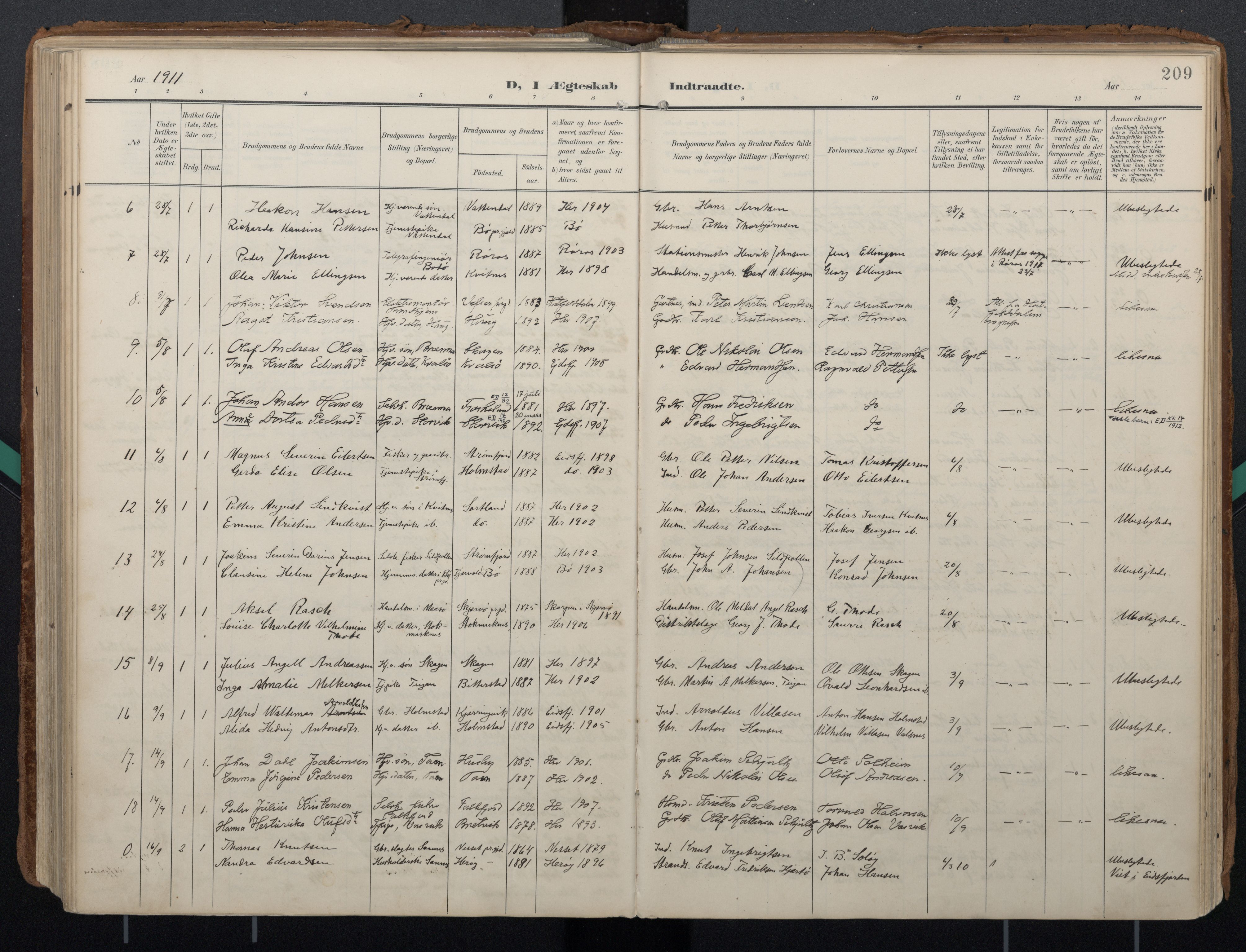 Ministerialprotokoller, klokkerbøker og fødselsregistre - Nordland, AV/SAT-A-1459/888/L1248: Parish register (official) no. 888A14, 1904-1913, p. 209