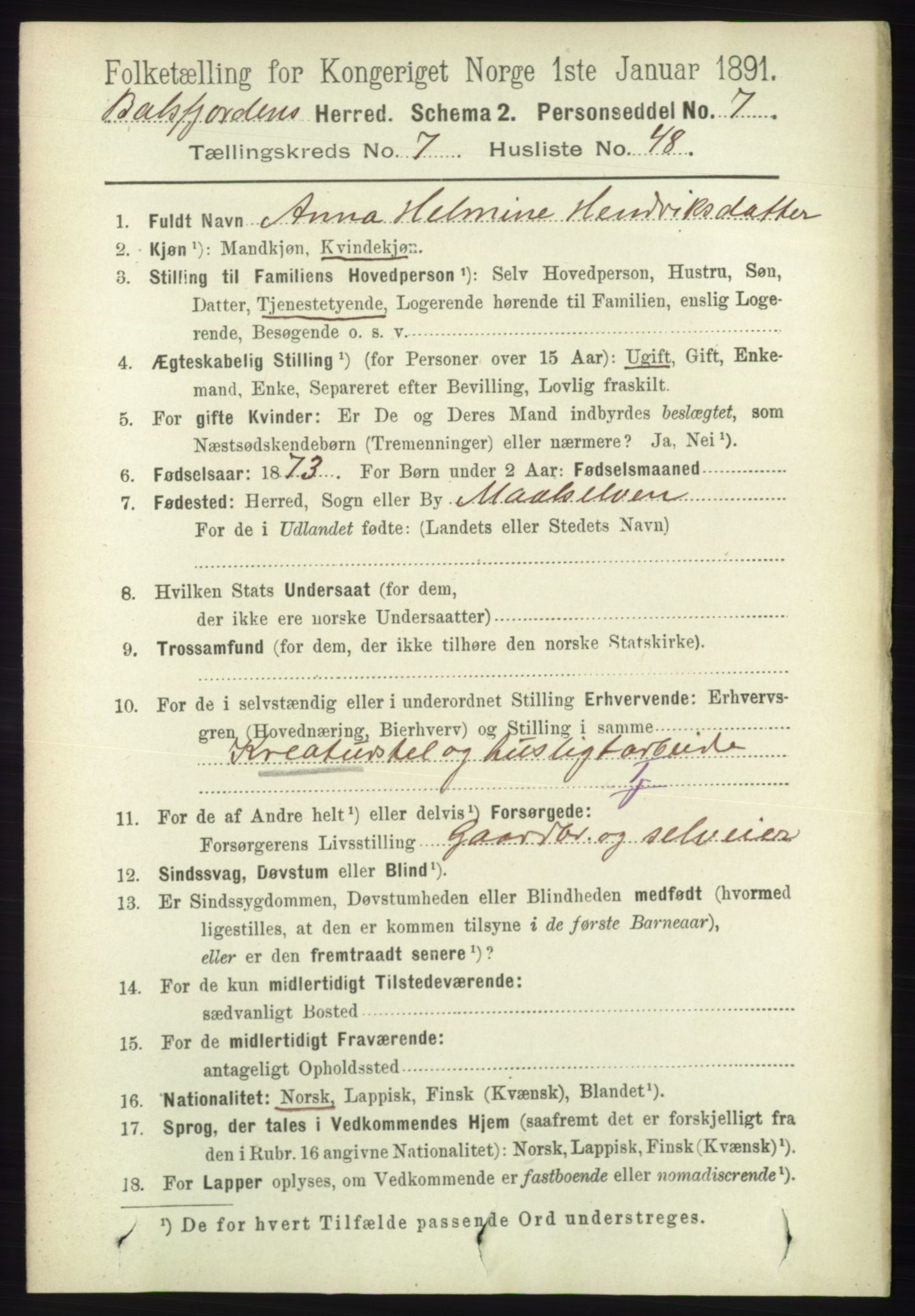 RA, 1891 census for 1933 Balsfjord, 1891, p. 2358