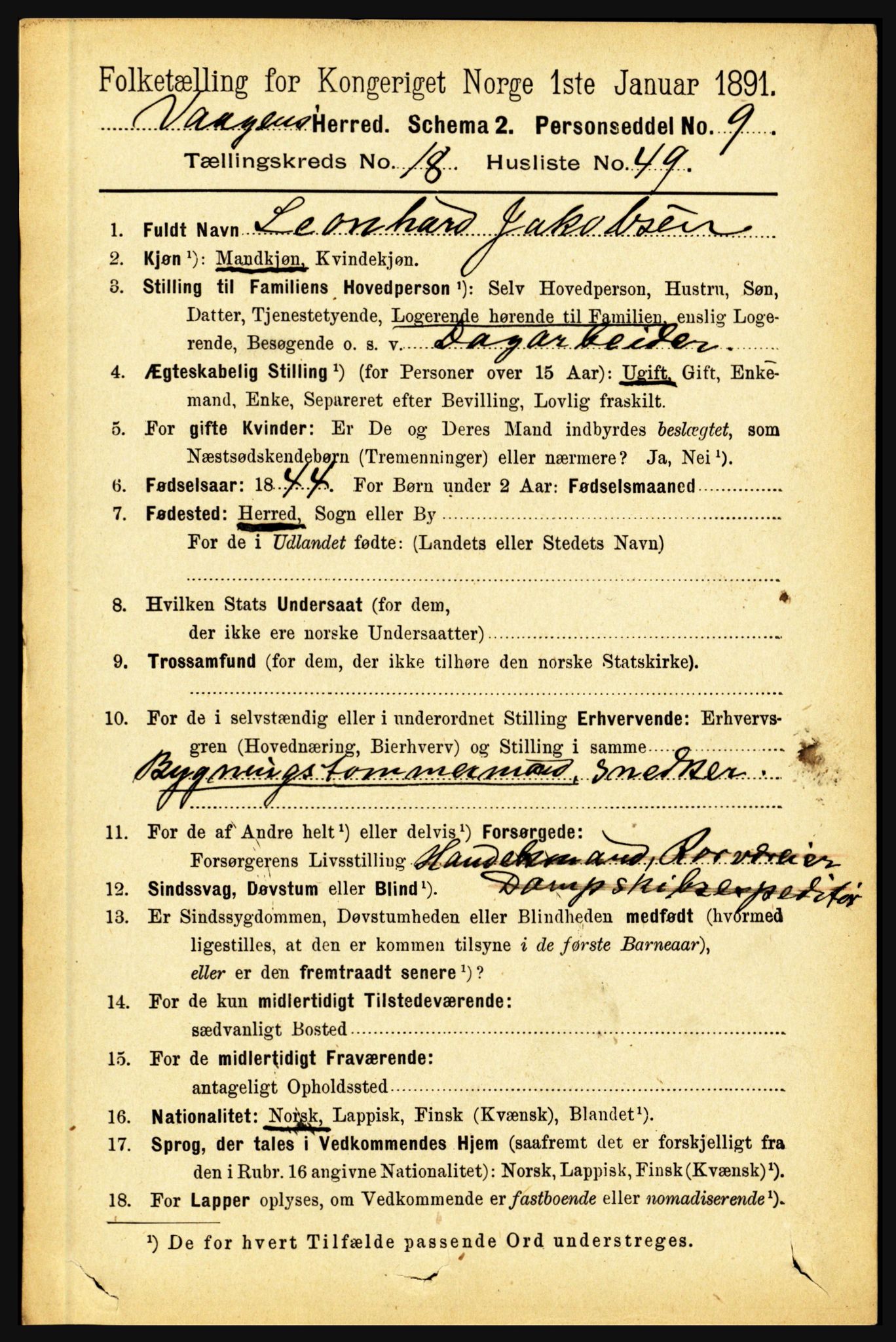 RA, 1891 census for 1865 Vågan, 1891, p. 5448