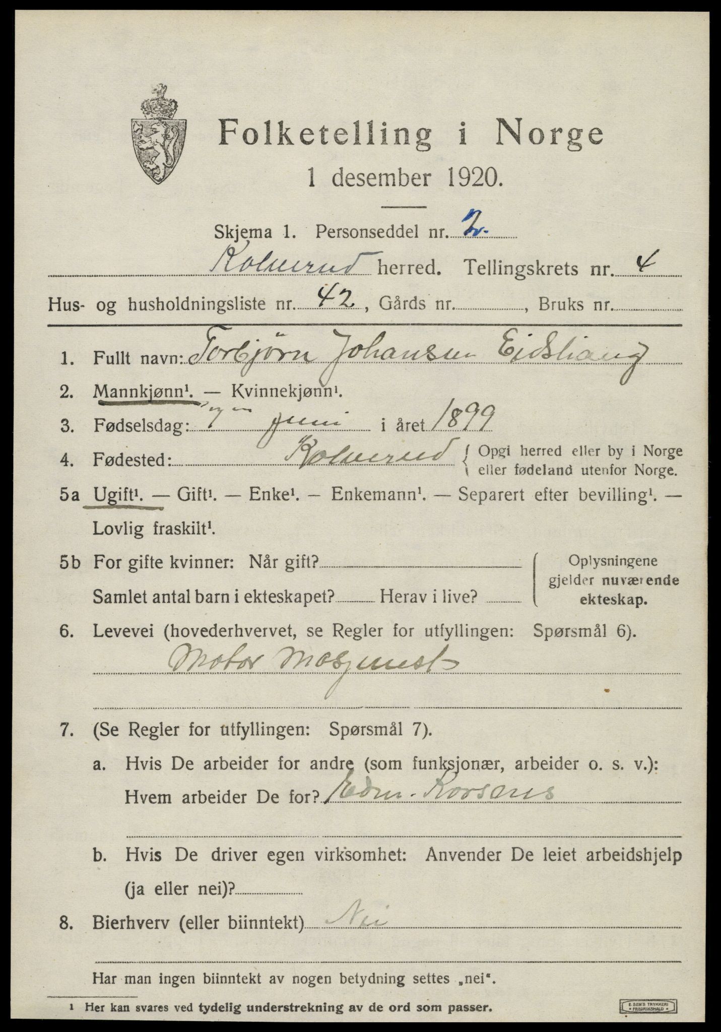 SAT, 1920 census for Kolvereid, 1920, p. 3121