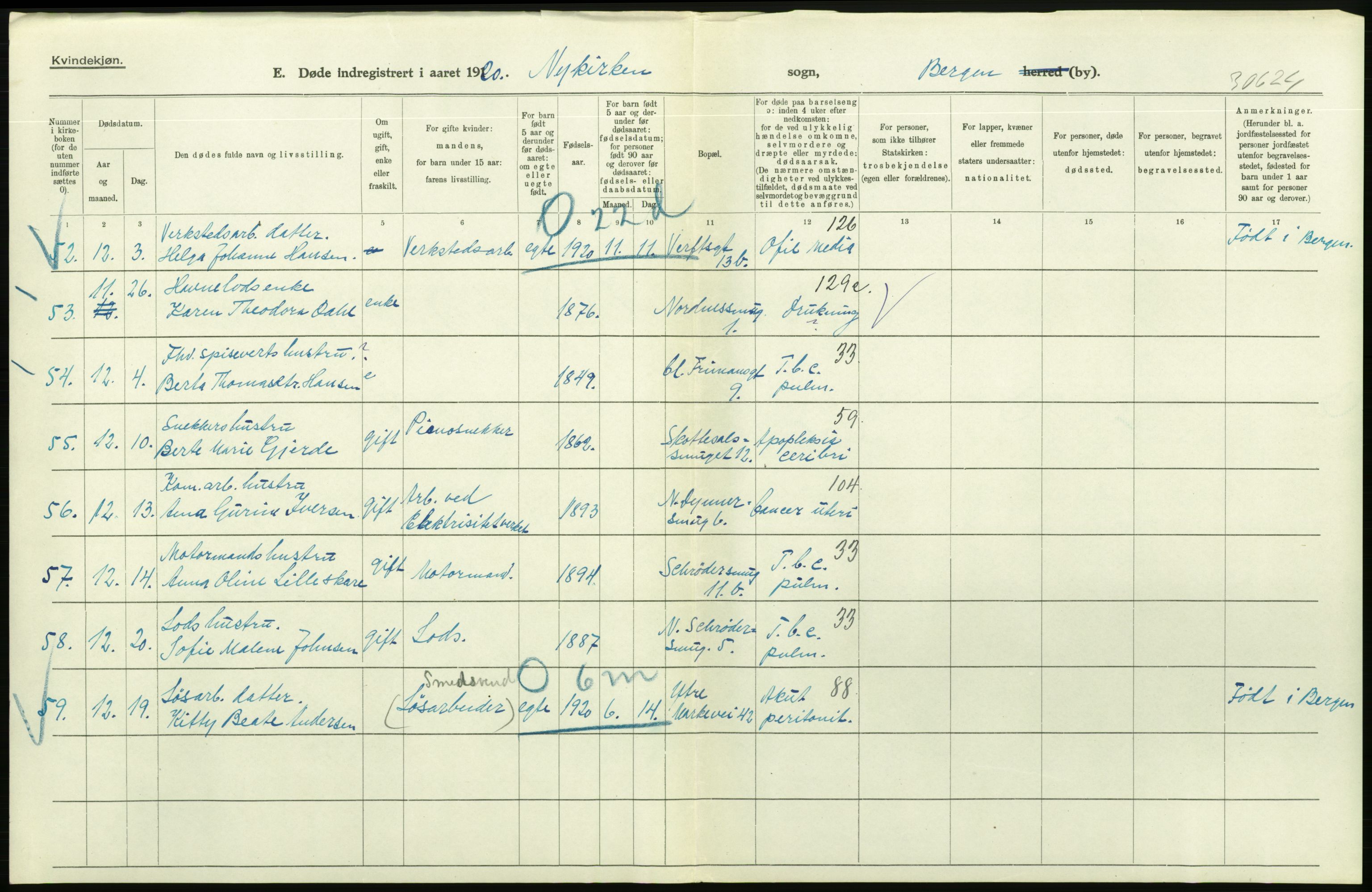 Statistisk sentralbyrå, Sosiodemografiske emner, Befolkning, AV/RA-S-2228/D/Df/Dfb/Dfbj/L0042: Bergen: Gifte, døde, dødfødte., 1920, p. 544