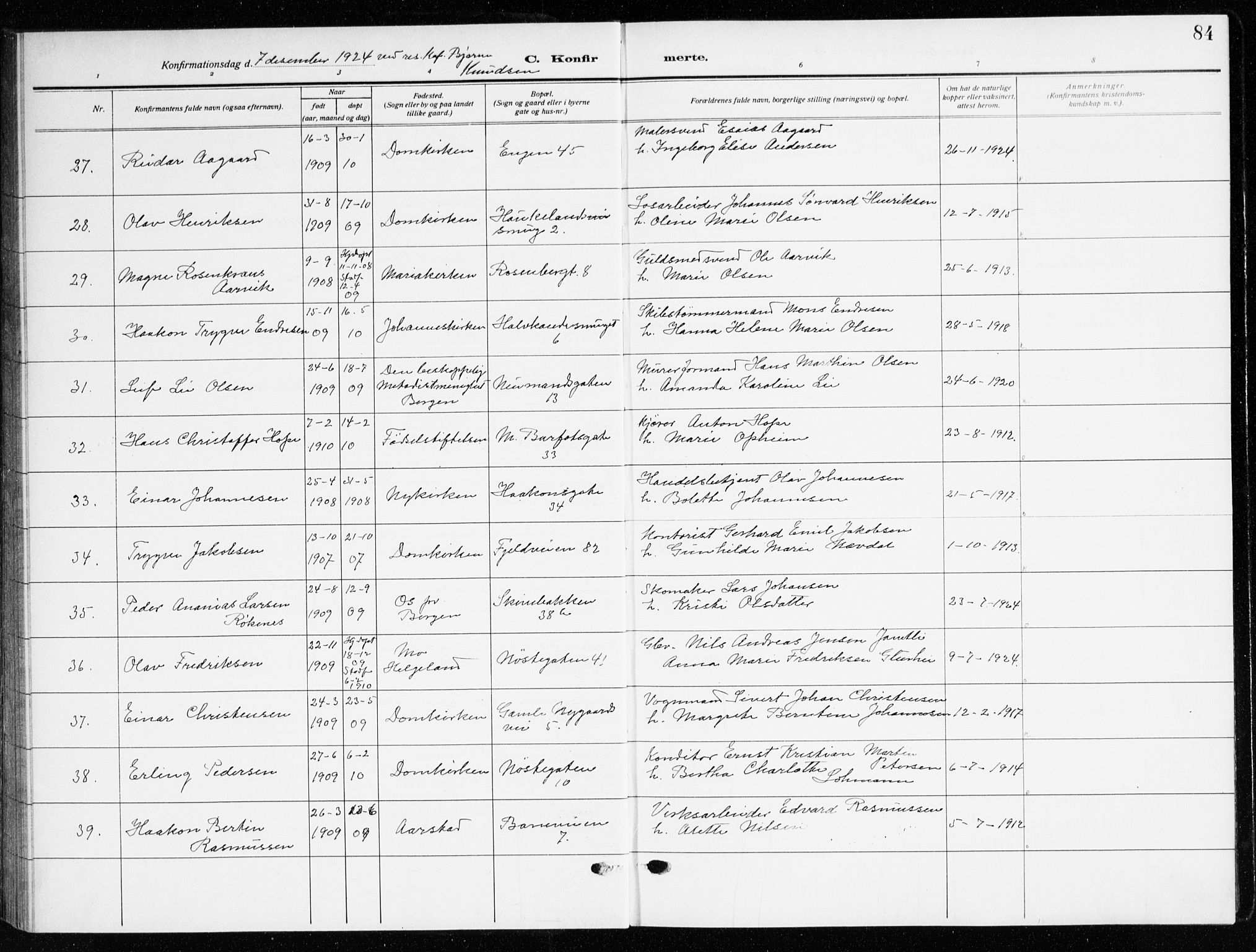 Domkirken sokneprestembete, AV/SAB-A-74801/H/Haa/L0032: Parish register (official) no. C 7, 1915-1930, p. 84