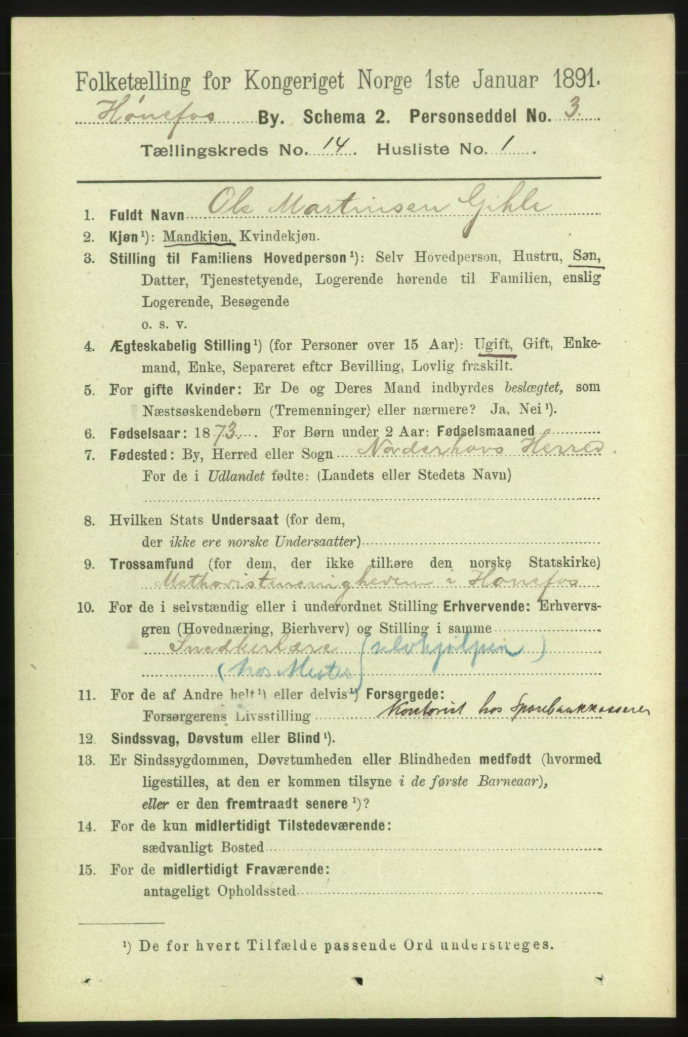 RA, 1891 census for 0601 Hønefoss, 1891, p. 1651