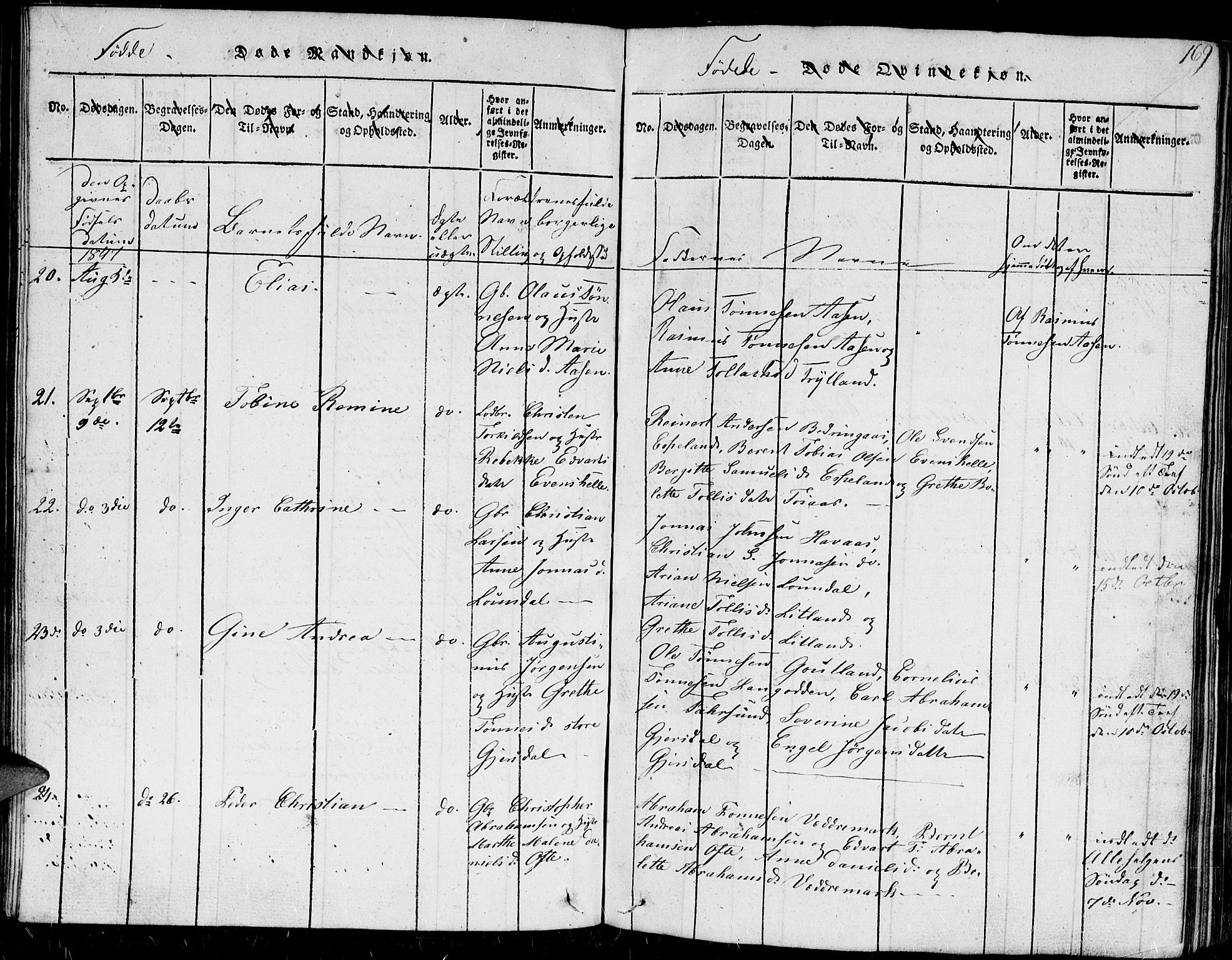 Herad sokneprestkontor, AV/SAK-1111-0018/F/Fb/Fba/L0001: Parish register (copy) no. B 1, 1815-1852, p. 169